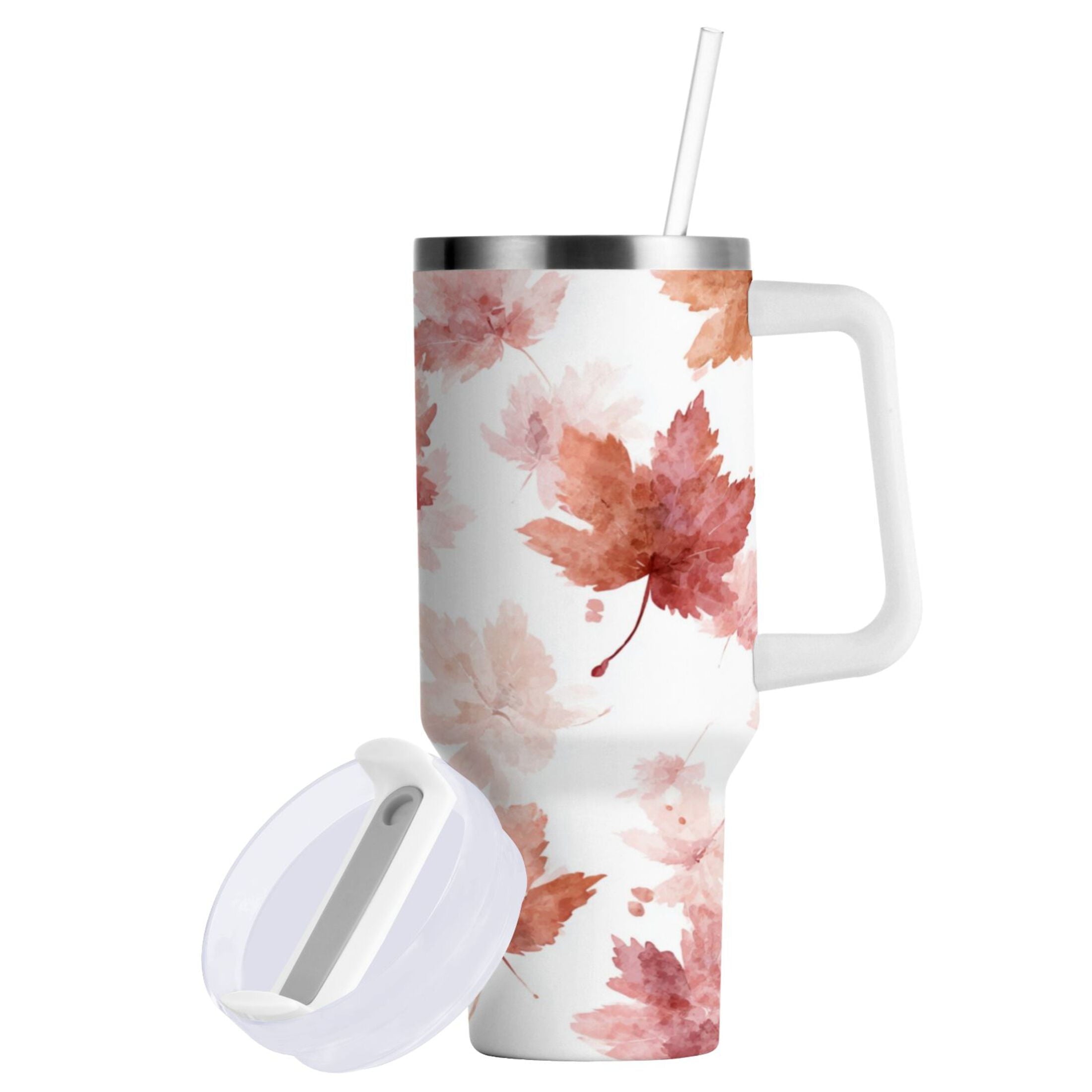 30 oz Insulated Stainless Steel Tumbler Double Wall Stainless Steel Tumbler with 2-Way Drinking Watercolor Pink Maple Leaves - 4TKM