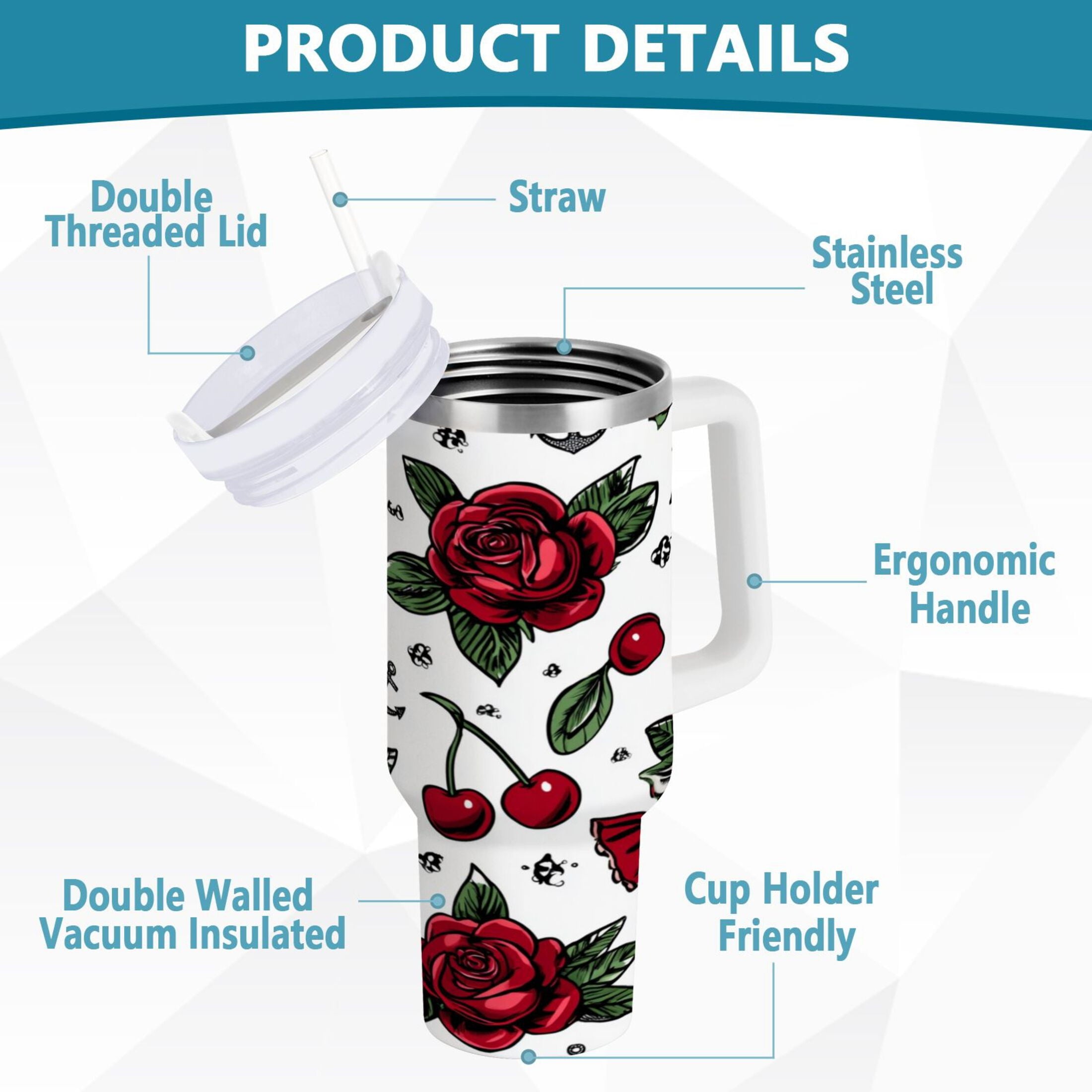 40 oz Insulated Stainless Steel Tumbler Double Wall Stainless Steel Tumbler with 2-Way Drinking Red Roses and Cherries - CWCE
