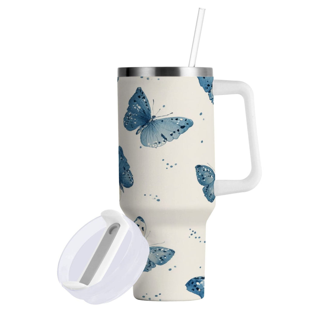 30 oz Insulated Stainless Steel Tumbler Double Wall Stainless Steel Tumbler with 2-Way Drinking Blue Watercolor Butterflies - 295Q