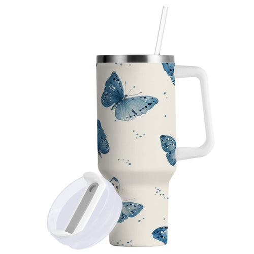 30 oz Insulated Stainless Steel Tumbler Double Wall Stainless Steel Tumbler with 2-Way Drinking Blue Watercolor Butterflies - 295Q
