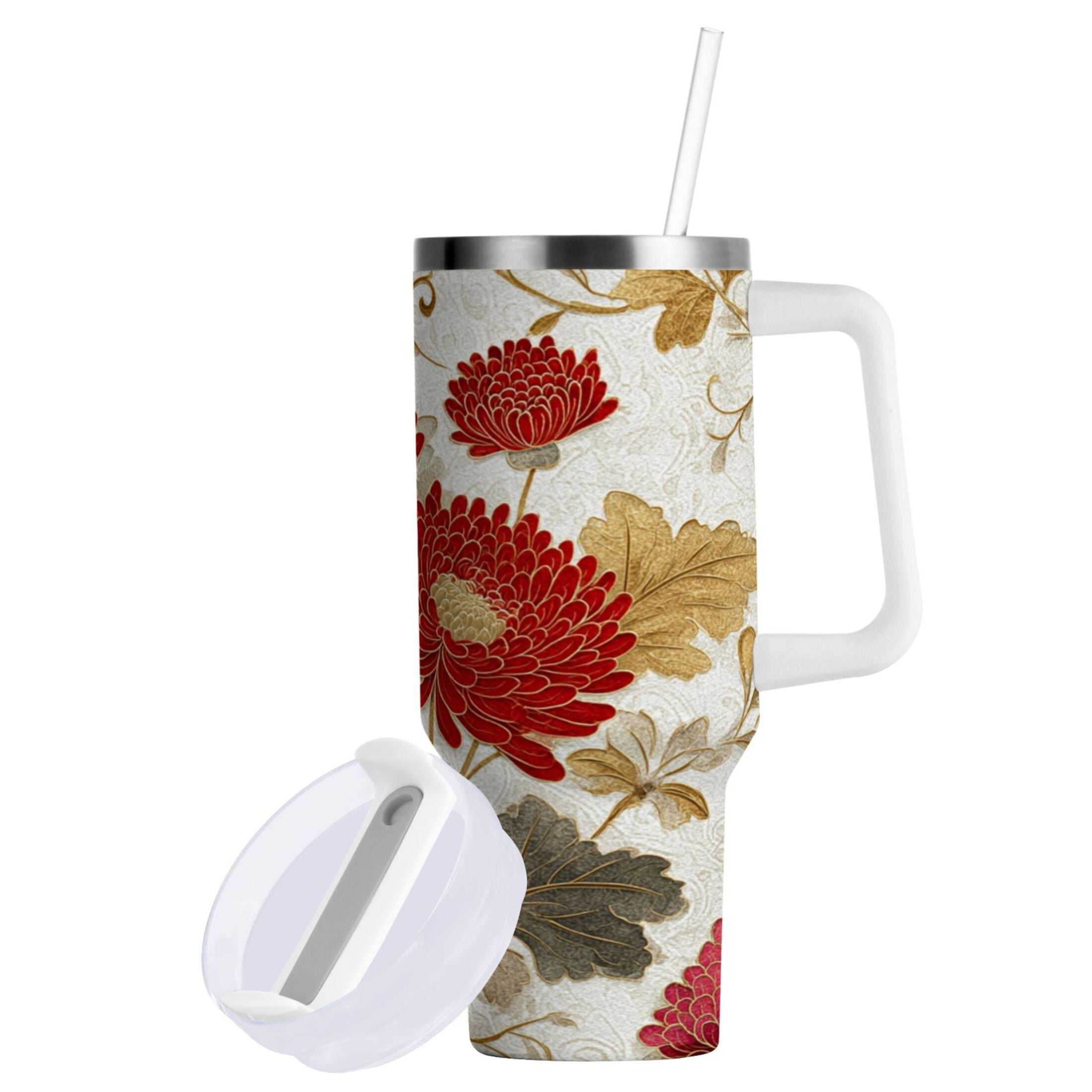 30 oz Insulated Stainless Steel Tumbler Double Wall Stainless Steel Tumbler with 2-Way Drinking Red Chrysanthemum Pattern - APW8