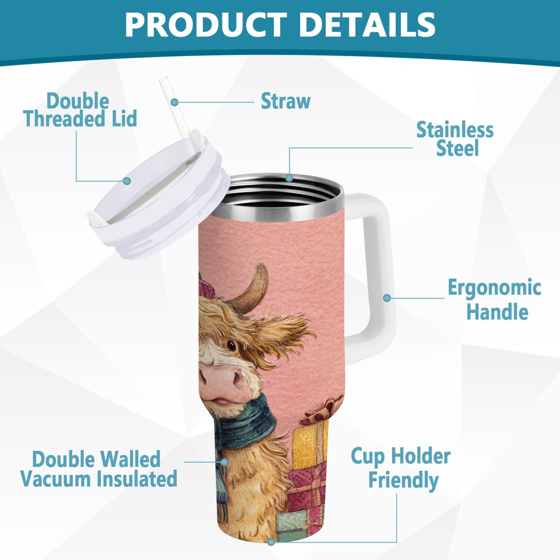 30 oz Insulated Stainless Steel Tumbler Double Wall Stainless Steel Tumbler with 2-Way Drinking Cow Wearing Scarf and Hat - RM7U