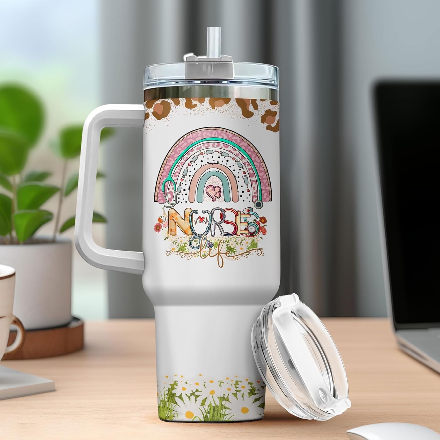 Tumbler 40 Oz With Handle Lid And Straw, Nurse Gifts, Black Camo White Engraved Print Travel Nurses Tumblers Handle Funny Cups Nursing For, Great Nurse Rainbow Daisy Flower - 2XKU