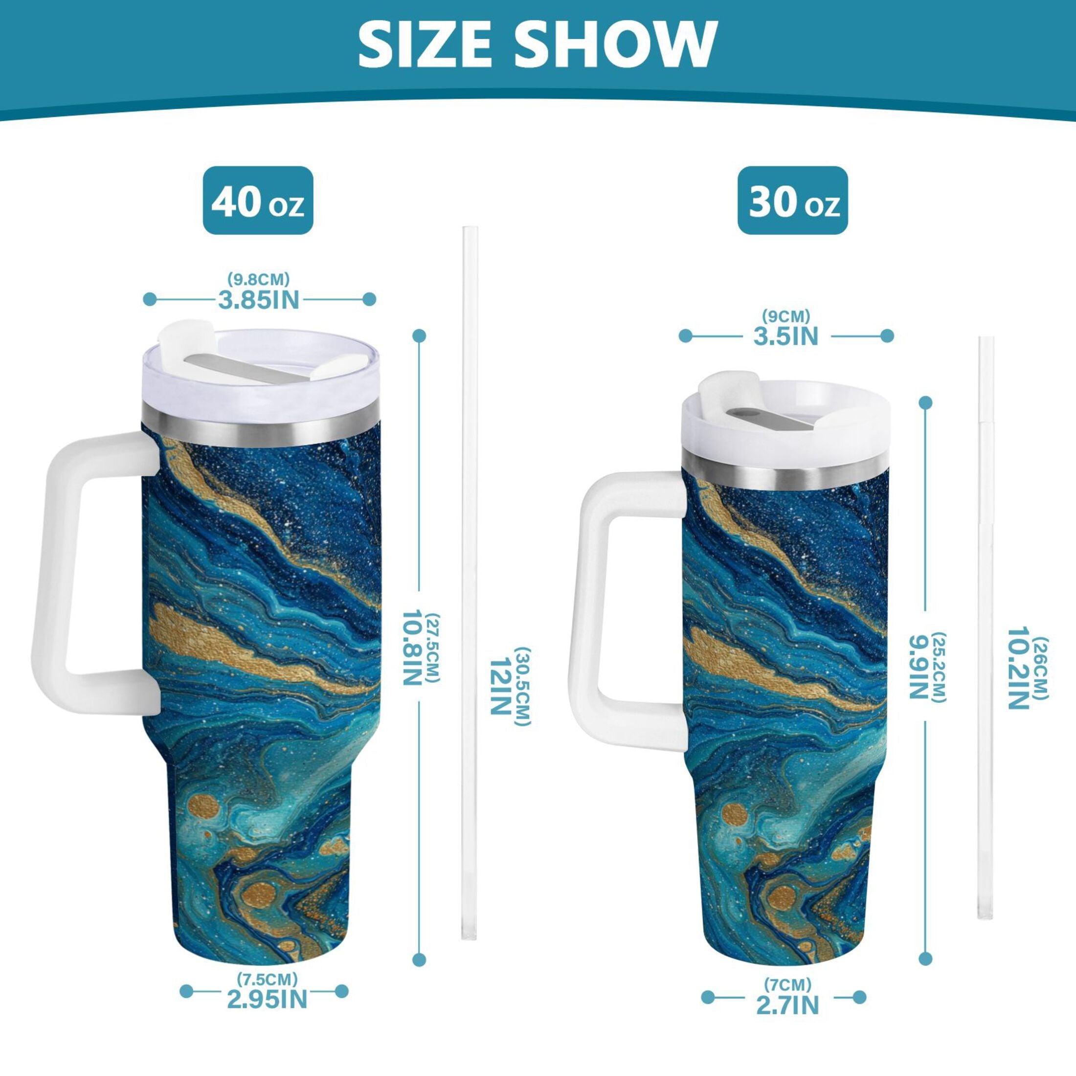 30 oz Insulated Stainless Steel Tumbler Double Wall Stainless Steel Tumbler with 2-Way Drinking Blue and Gold Ocean - QWF4