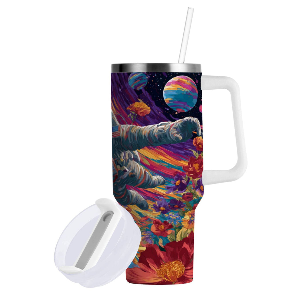 40 oz Insulated Stainless Steel Tumbler Double Wall Stainless Steel Tumbler with 2-Way Drinking Colorful Flowers and Planets - 35BZ