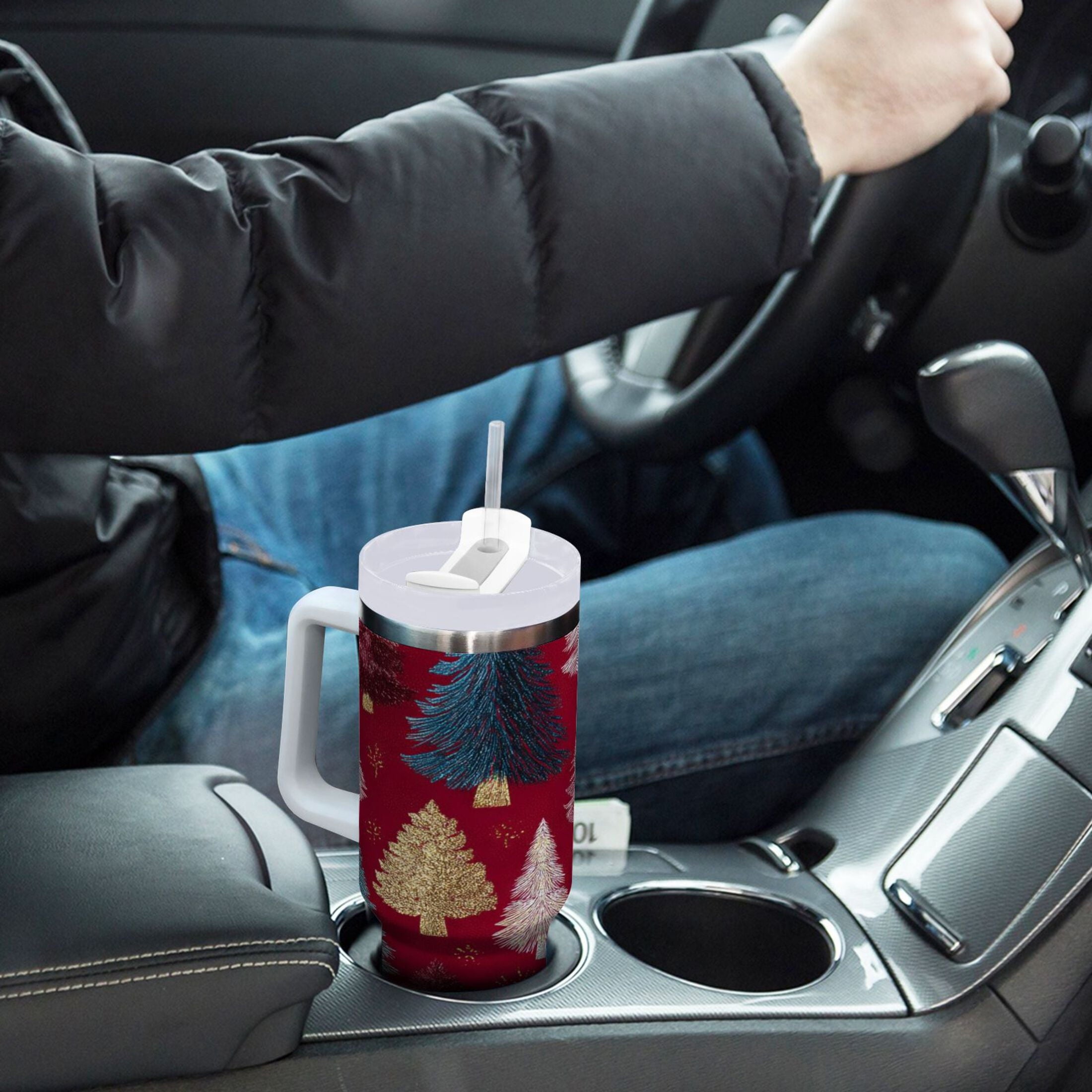 30 oz Insulated Stainless Steel Tumbler Double Wall Stainless Steel Tumbler with 2-Way Drinking Stylized Christmas Trees - XKAX