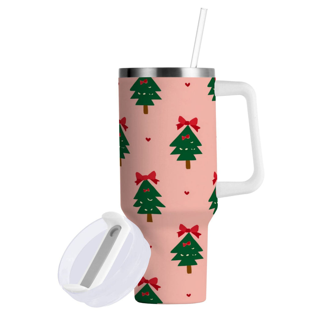 40 oz Insulated Stainless Steel Tumbler Double Wall Stainless Steel Tumbler with 2-Way Drinking Green Trees and Red Bows - K9PK