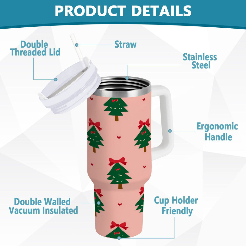 40 oz Insulated Stainless Steel Tumbler Double Wall Stainless Steel Tumbler with 2-Way Drinking Green Trees and Red Bows - K9PK