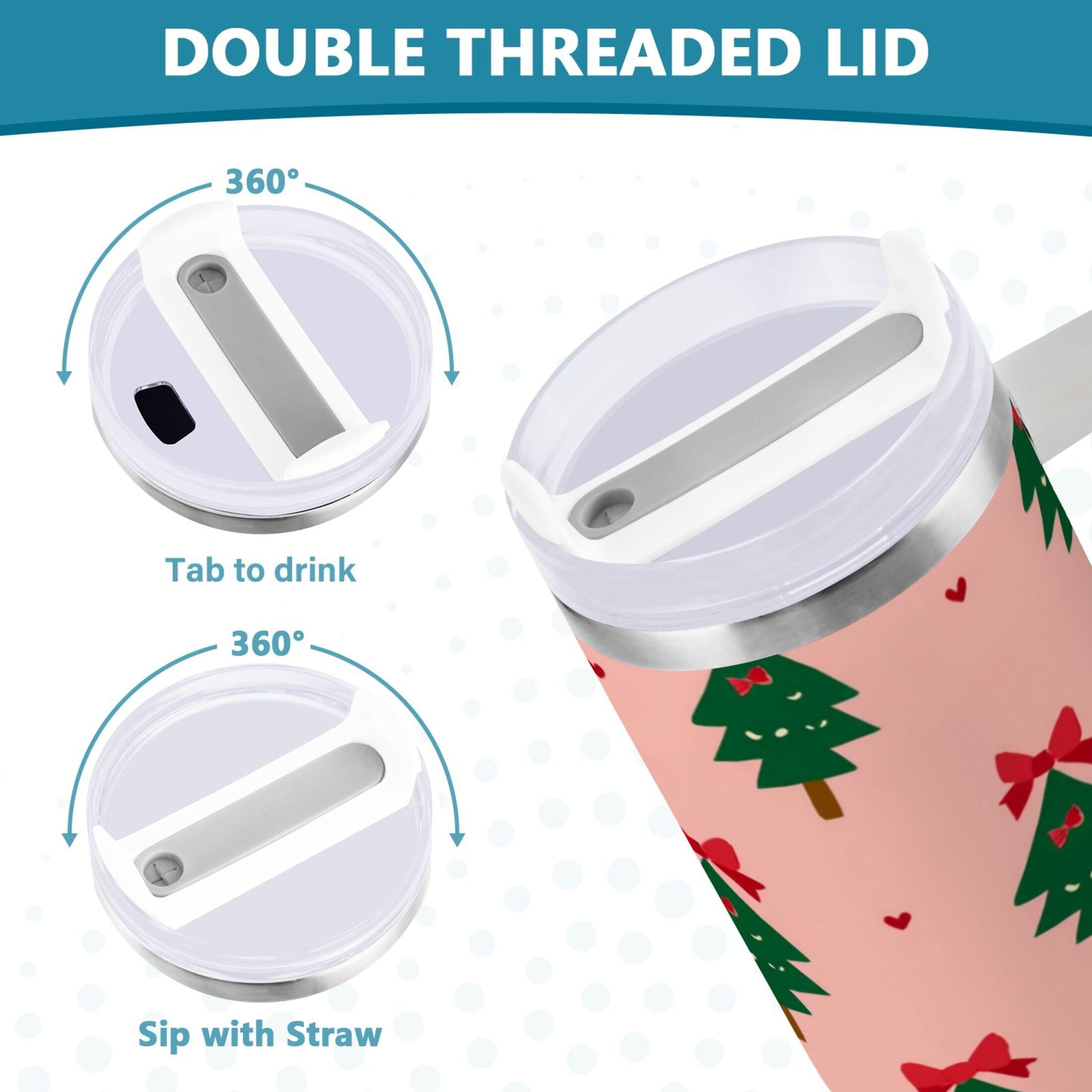 40 oz Insulated Stainless Steel Tumbler Double Wall Stainless Steel Tumbler with 2-Way Drinking Green Trees and Red Bows - K9PK