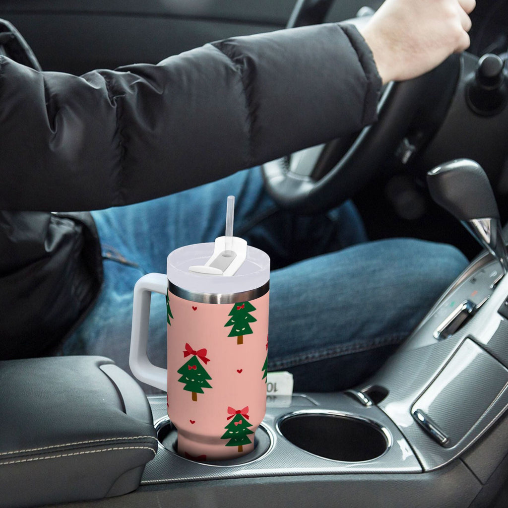 40 oz Insulated Stainless Steel Tumbler Double Wall Stainless Steel Tumbler with 2-Way Drinking Green Trees and Red Bows - K9PK