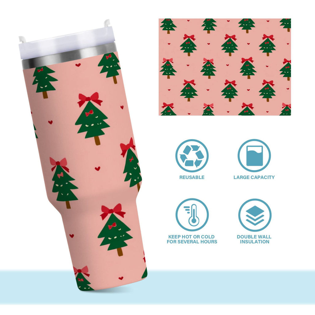 40 oz Insulated Stainless Steel Tumbler Double Wall Stainless Steel Tumbler with 2-Way Drinking Green Trees and Red Bows - K9PK