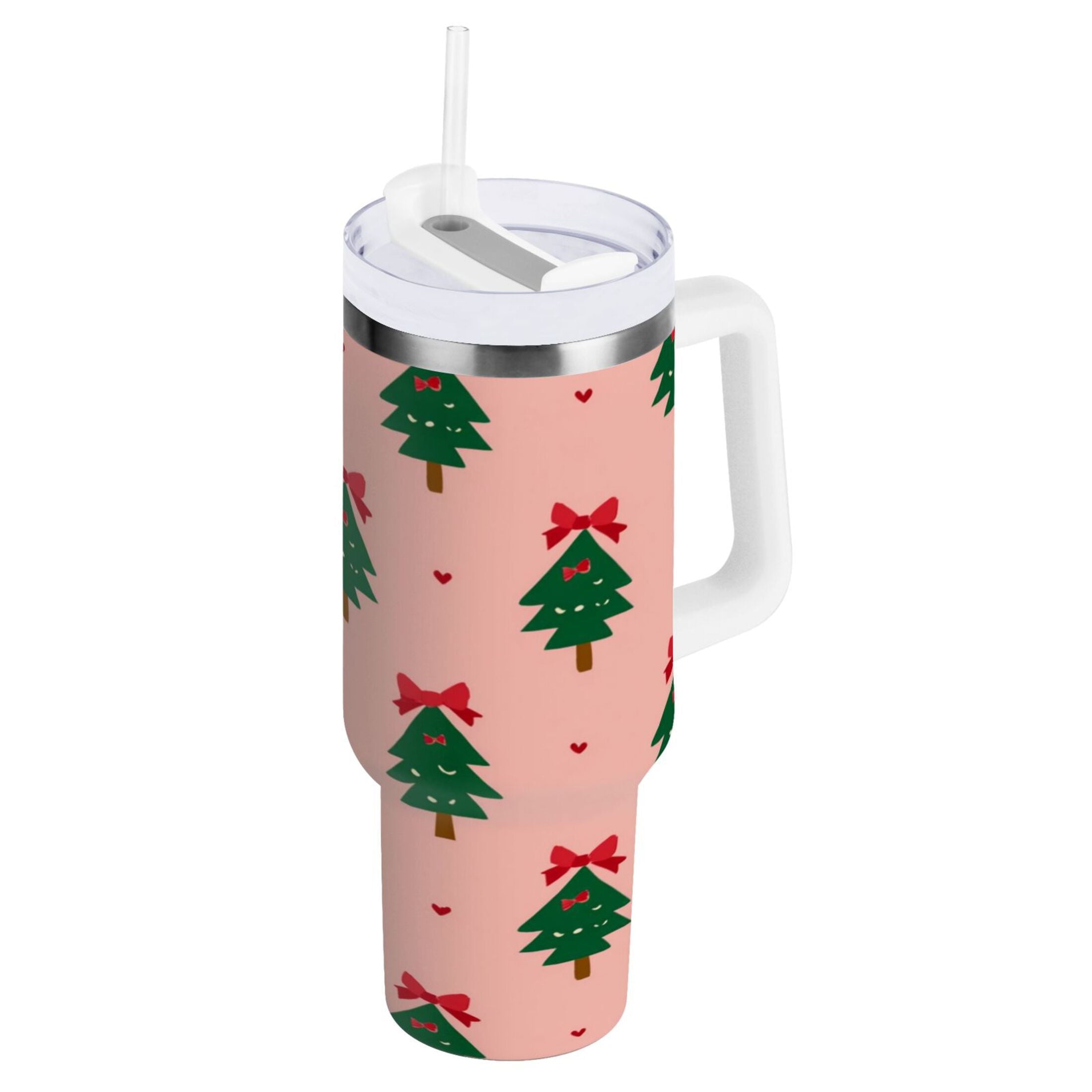 40 oz Insulated Stainless Steel Tumbler Double Wall Stainless Steel Tumbler with 2-Way Drinking Green Trees and Red Bows - K9PK