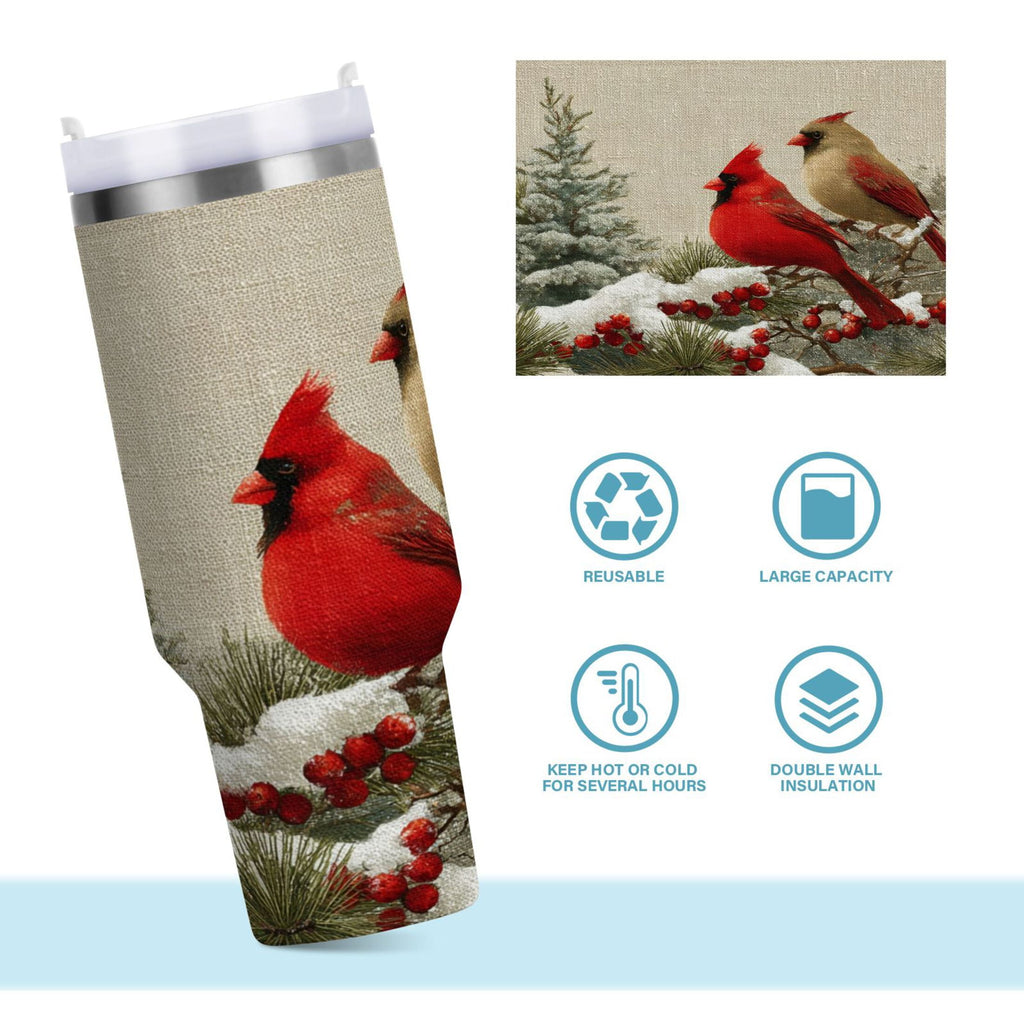 30 oz Insulated Stainless Steel Tumbler Double Wall Stainless Steel Tumbler with 2-Way Drinking Bird and Snow-covered Trees - QGER