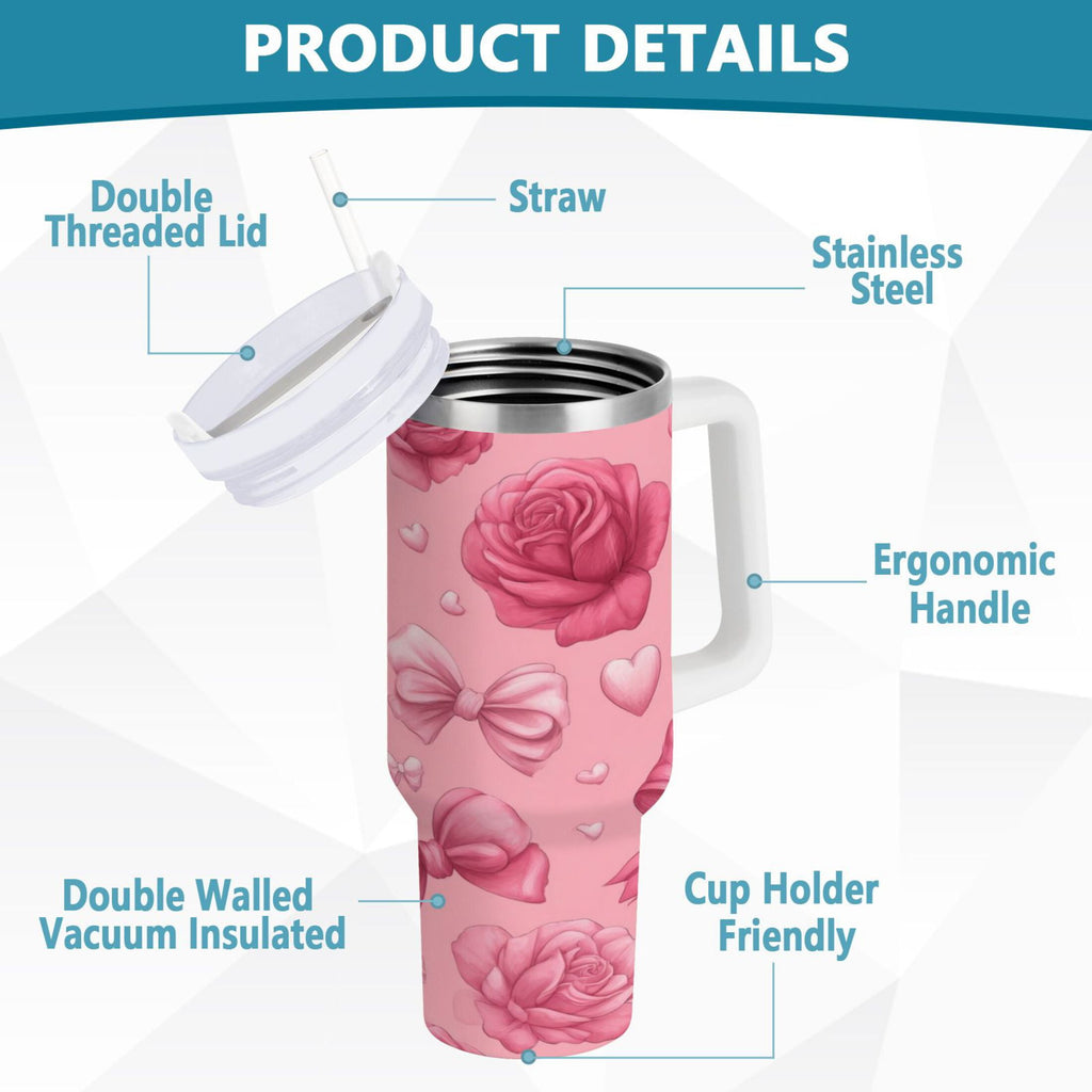 40 oz Insulated Stainless Steel Tumbler Double Wall Stainless Steel Tumbler with 2-Way Drinking Roses and Bows Pattern - C9RS