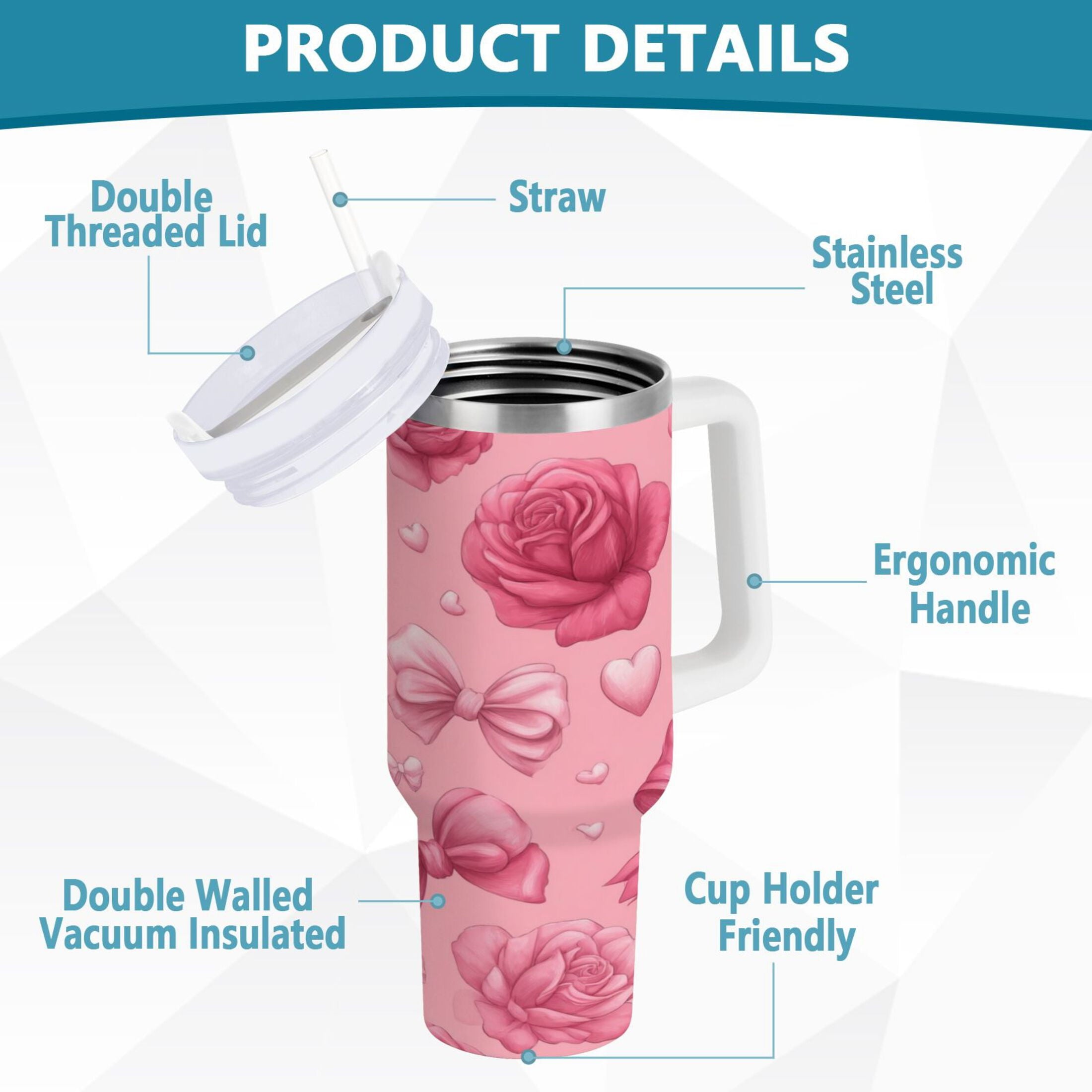 40 oz Insulated Stainless Steel Tumbler Double Wall Stainless Steel Tumbler with 2-Way Drinking Roses and Bows Pattern - C9RS
