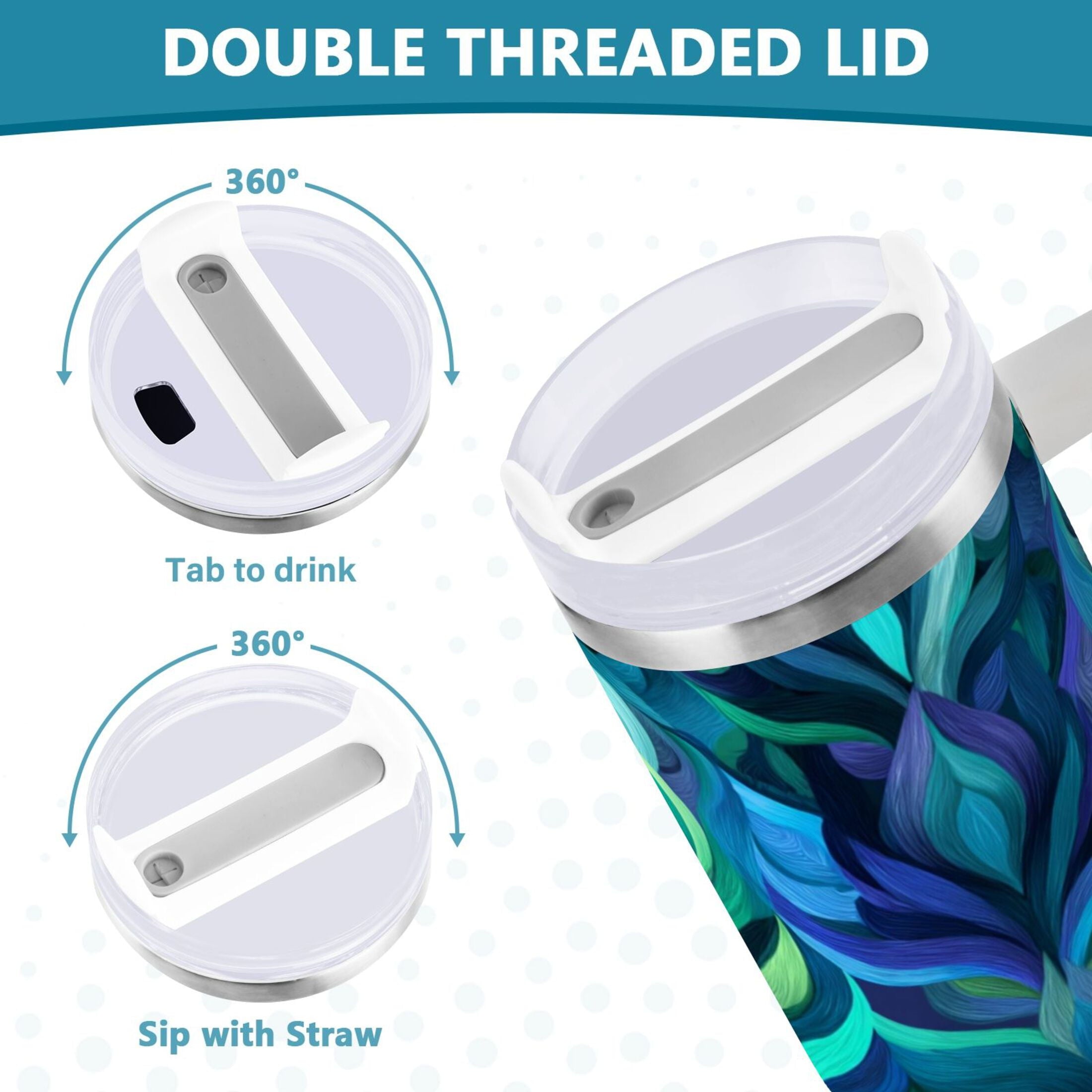 40 oz Insulated Stainless Steel Tumbler Double Wall Stainless Steel Tumbler with 2-Way Drinking Elegant Blue Abstract Shapes - 6YY7