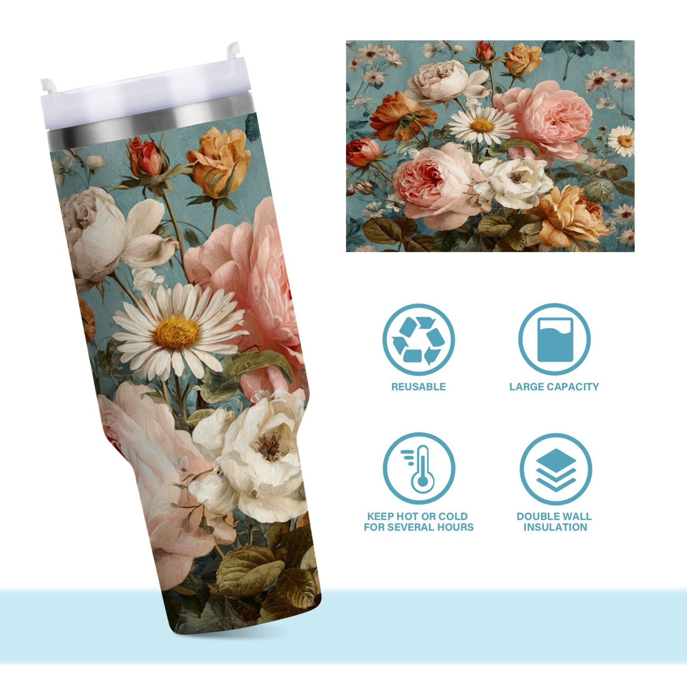 30 oz Insulated Stainless Steel Tumbler Double Wall Stainless Steel Tumbler with 2-Way Drinking Vintage Roses and Peonies - VM94