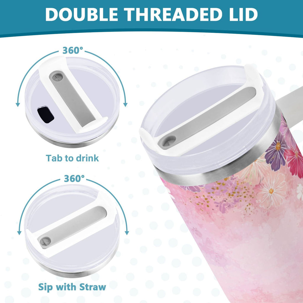 30 oz Insulated Stainless Steel Tumbler Double Wall Stainless Steel Tumbler with 2-Way Drinking Colorful Pastel Floral Pattern - P9LX