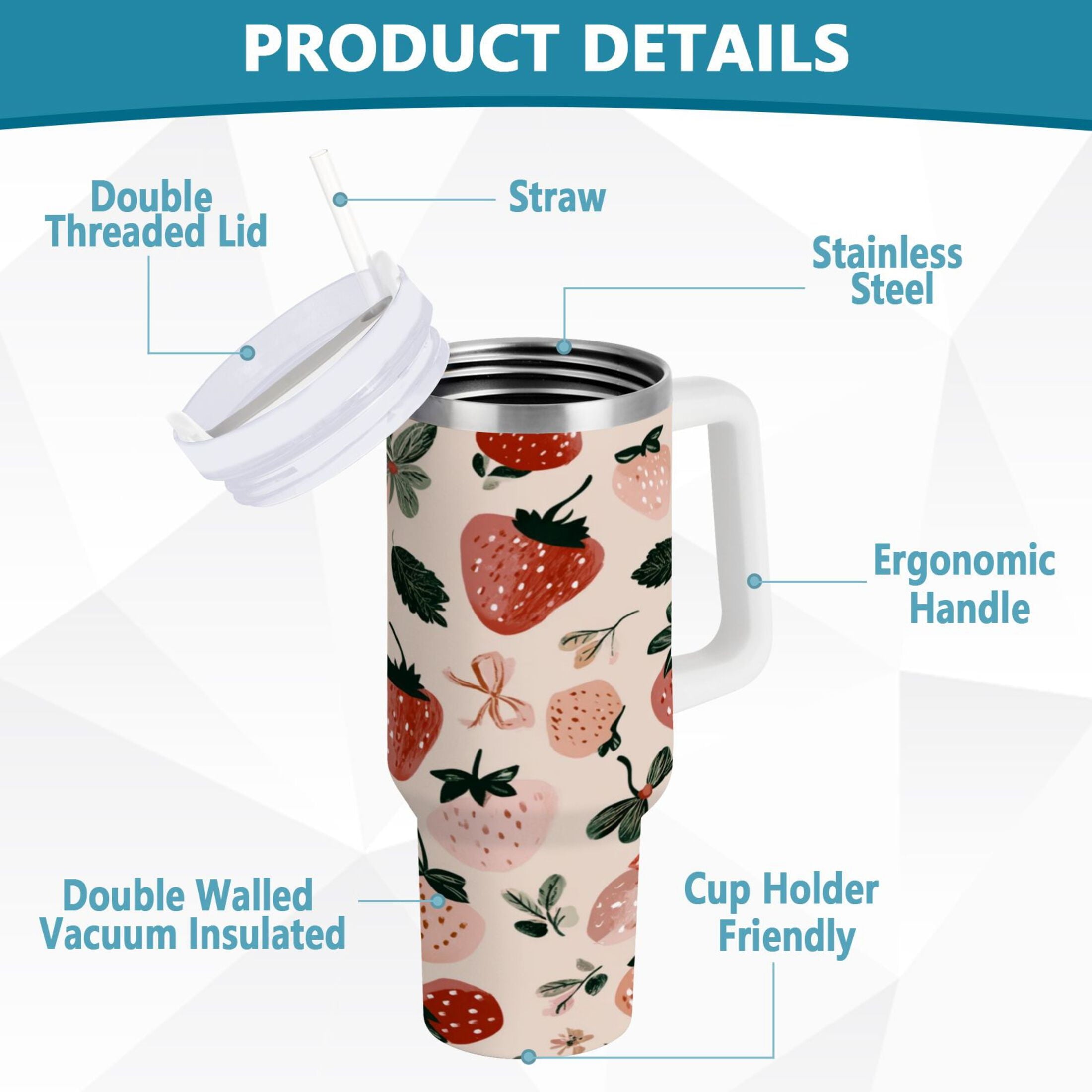 30 oz Insulated Stainless Steel Tumbler Double Wall Stainless Steel Tumbler with 2-Way Drinking Cute Pinks Strawberries - 3FLG