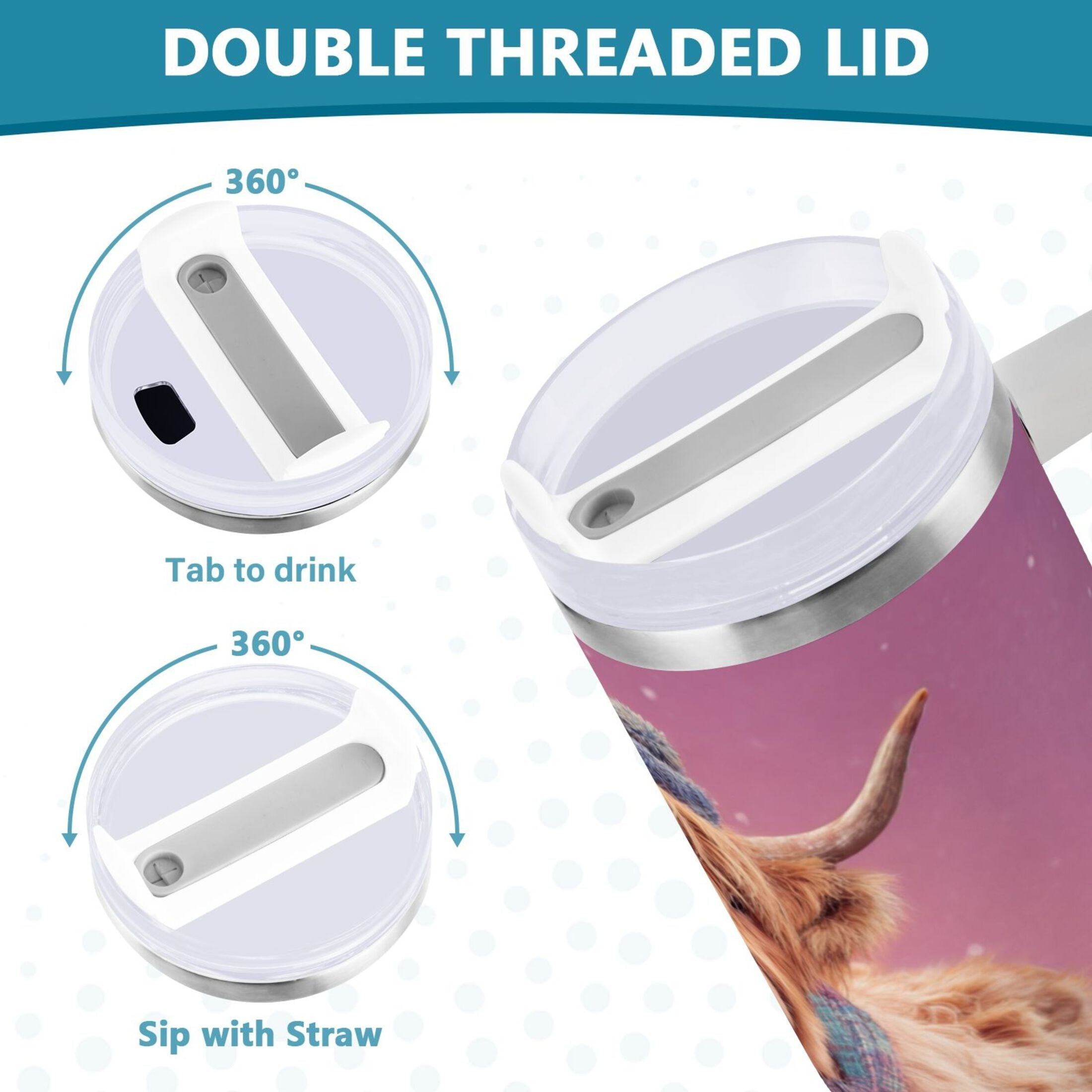 30 oz Insulated Stainless Steel Tumbler Double Wall Stainless Steel Tumbler with 2-Way Drinking Cow Wearing Christmas - 6PSV