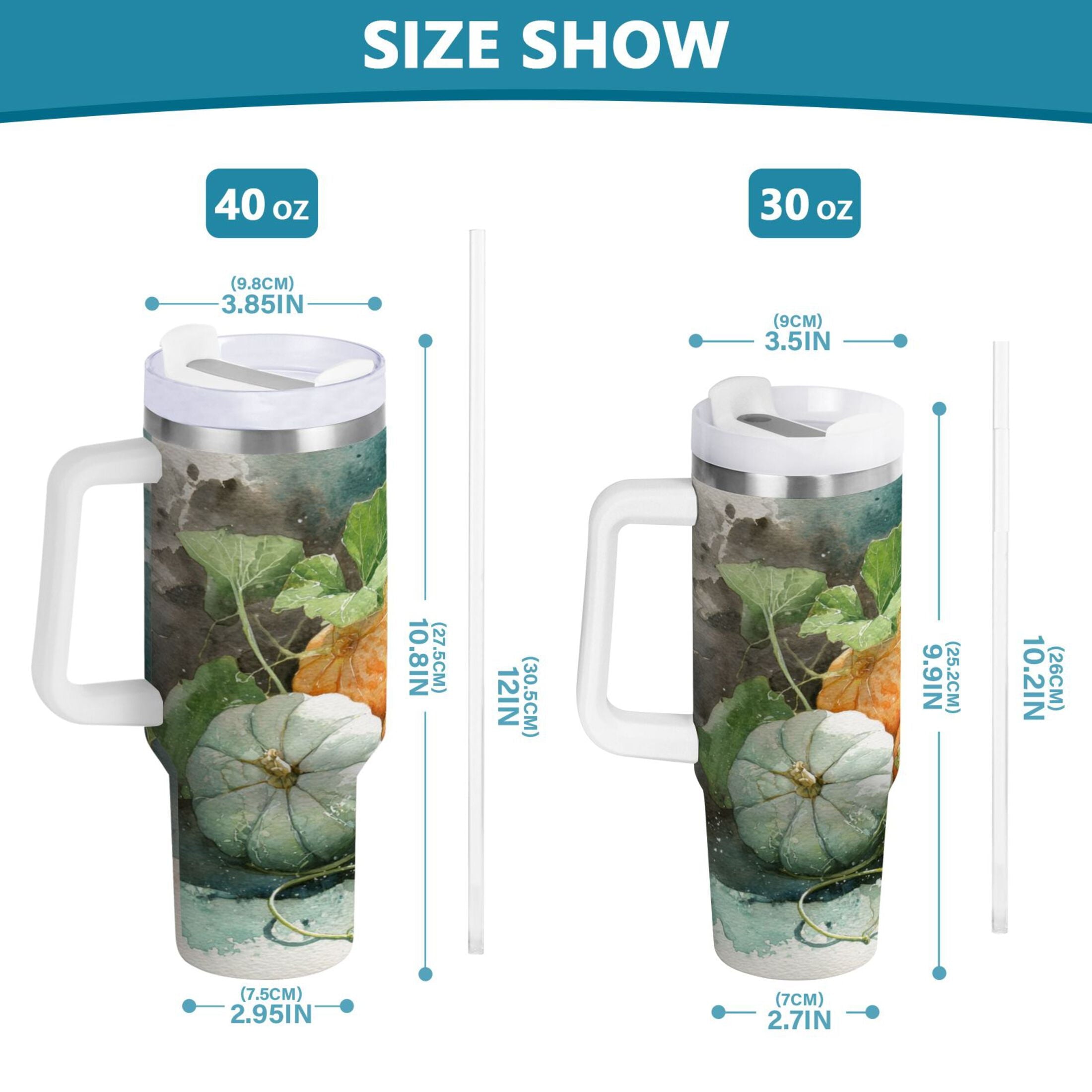 40 oz Insulated Stainless Steel Tumbler Double Wall Stainless Steel Tumbler with 2-Way Drinking Orange and White Pumpkins - DEDT