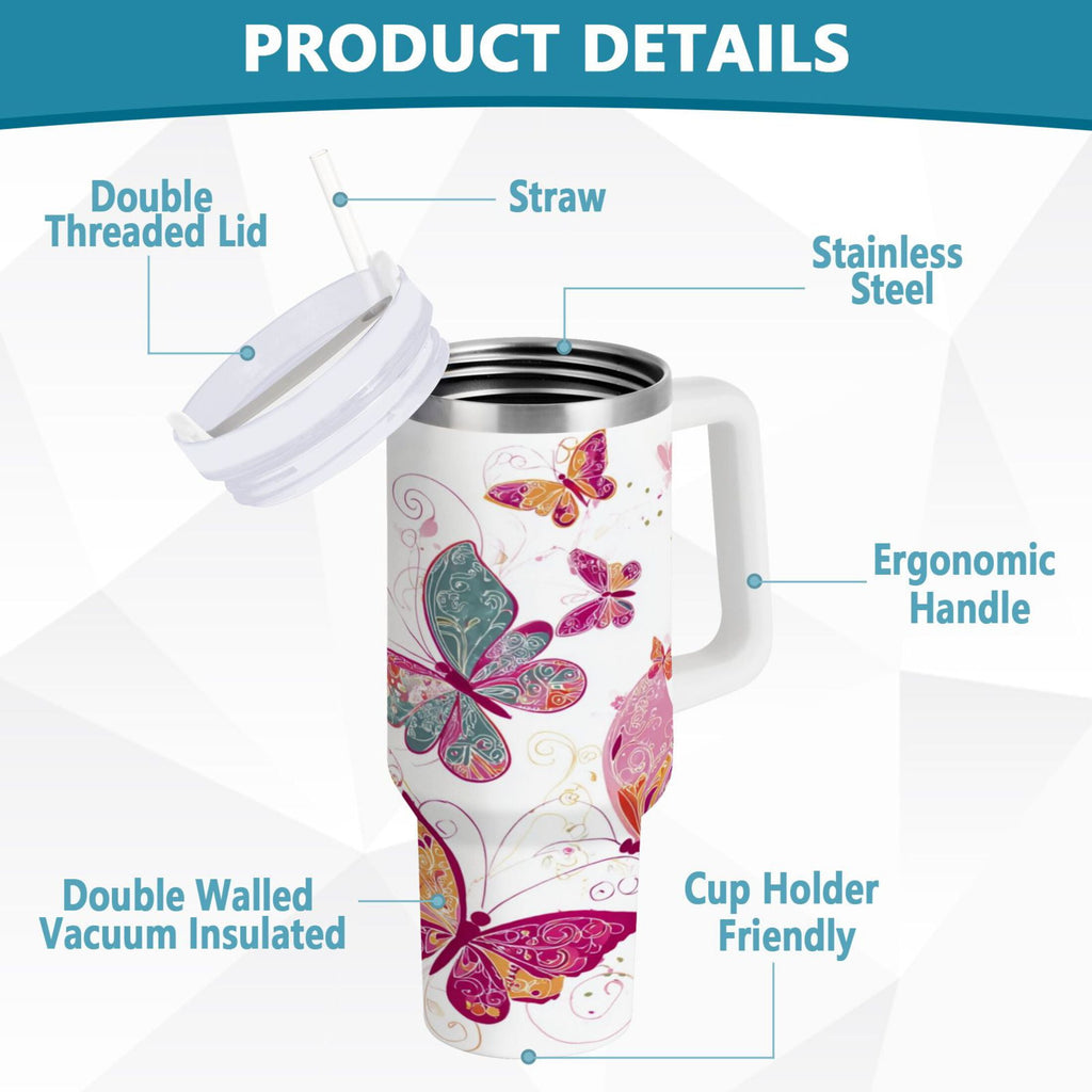 30 oz Insulated Stainless Steel Tumbler Double Wall Stainless Steel Tumbler with 2-Way Drinking Colorful Butterflies - E5BF