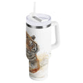 30 oz Insulated Stainless Steel Tumbler Double Wall Stainless Steel Tumbler with 2-Way Drinking Tiger in Action - Q5MS