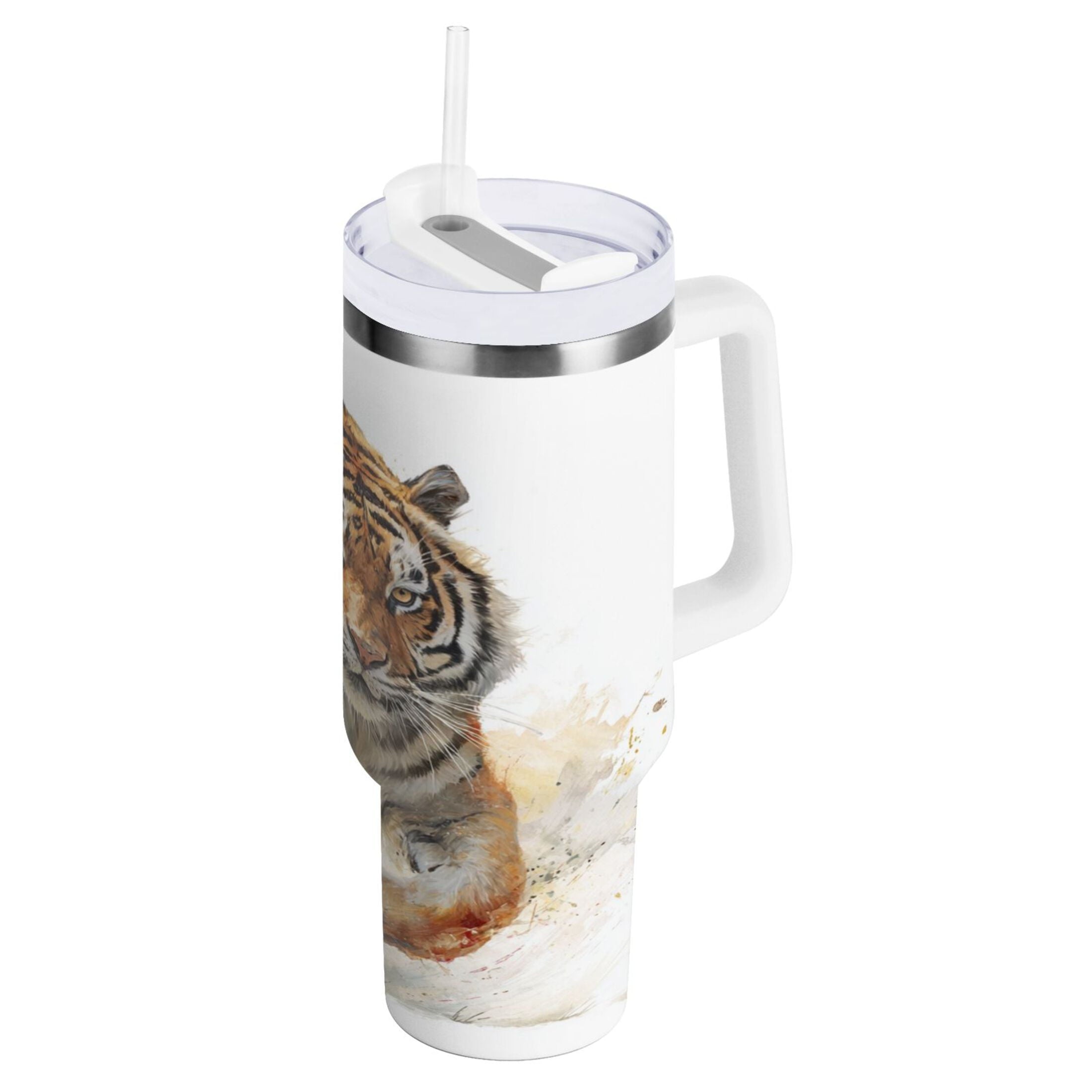 30 oz Insulated Stainless Steel Tumbler Double Wall Stainless Steel Tumbler with 2-Way Drinking Tiger in Action - Q5MS