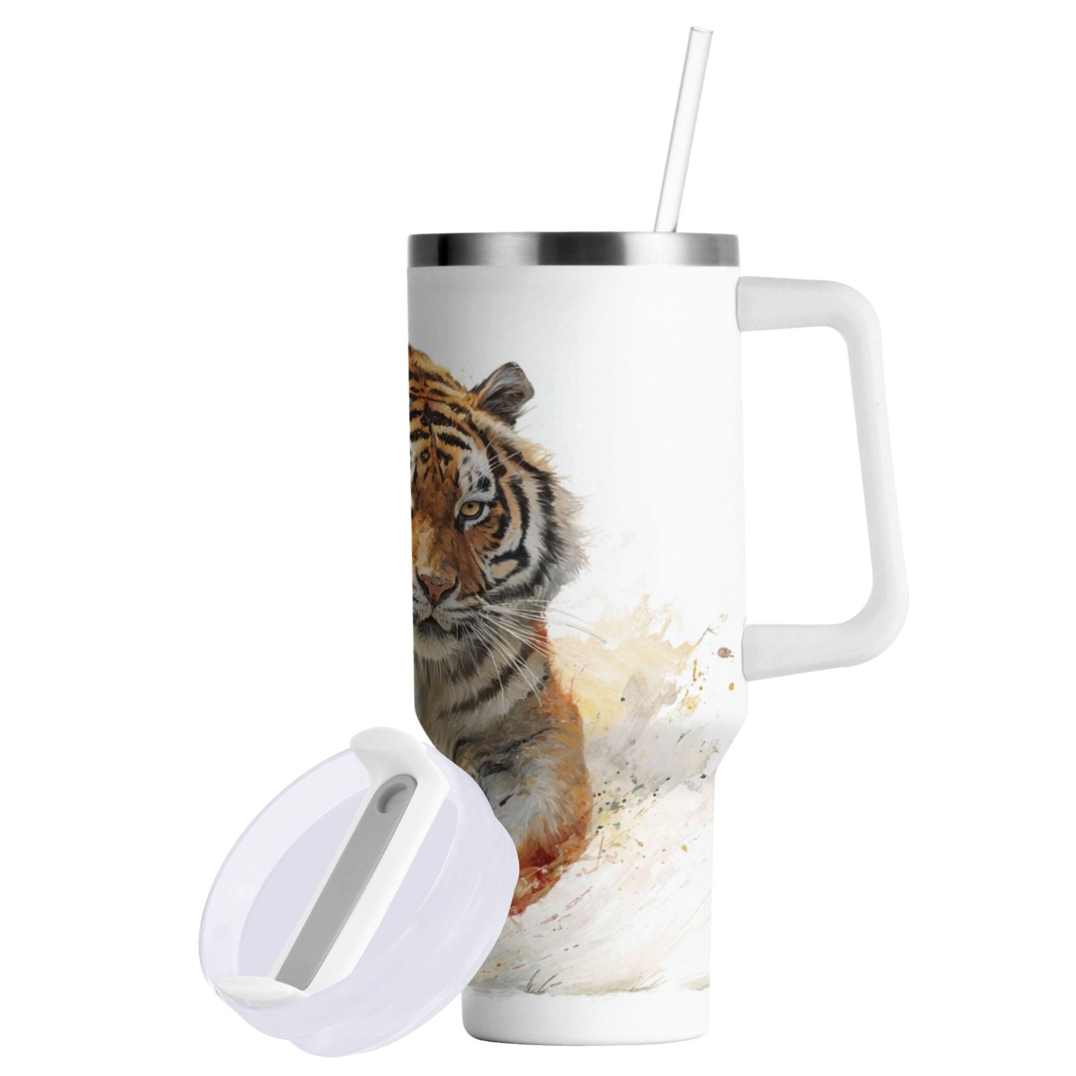 30 oz Insulated Stainless Steel Tumbler Double Wall Stainless Steel Tumbler with 2-Way Drinking Tiger in Action - Q5MS