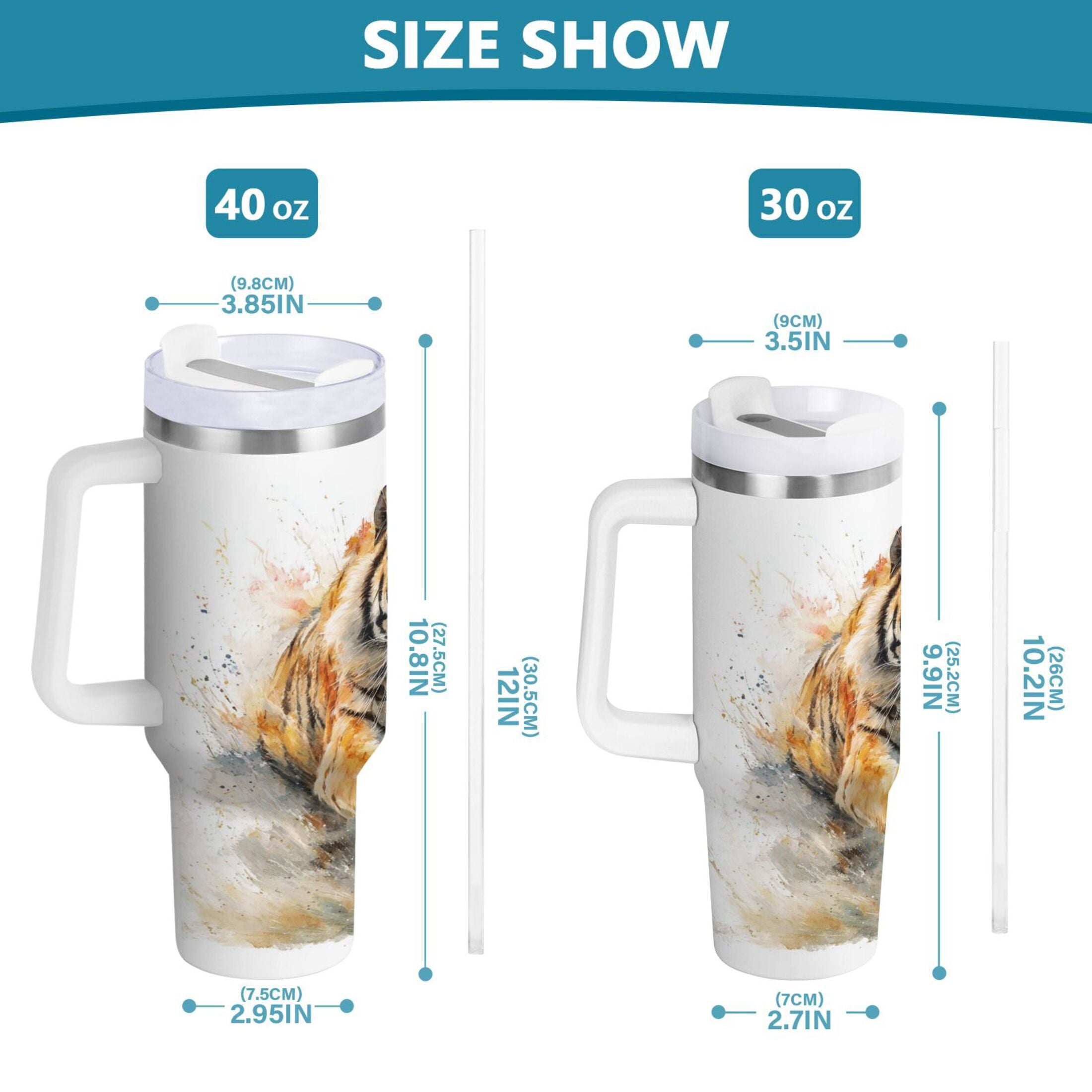 30 oz Insulated Stainless Steel Tumbler Double Wall Stainless Steel Tumbler with 2-Way Drinking Tiger in Action - Q5MS