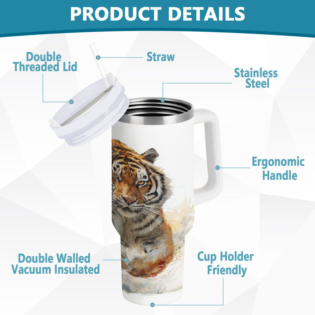 30 oz Insulated Stainless Steel Tumbler Double Wall Stainless Steel Tumbler with 2-Way Drinking Tiger in Action - Q5MS