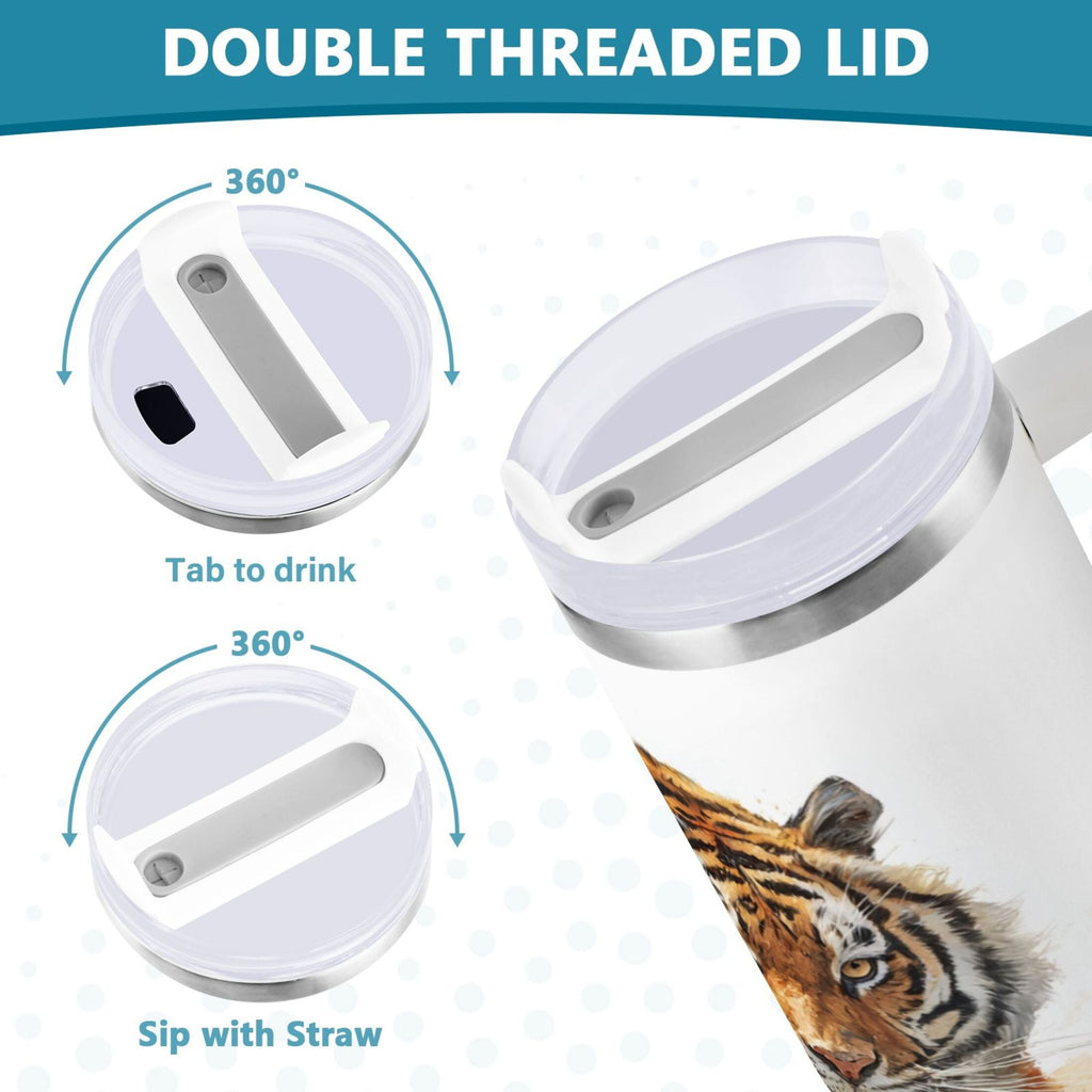 30 oz Insulated Stainless Steel Tumbler Double Wall Stainless Steel Tumbler with 2-Way Drinking Tiger in Action - Q5MS