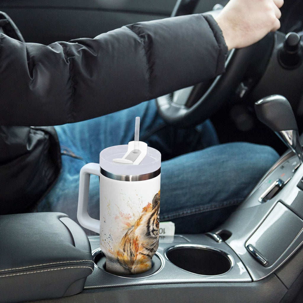 30 oz Insulated Stainless Steel Tumbler Double Wall Stainless Steel Tumbler with 2-Way Drinking Tiger in Action - Q5MS