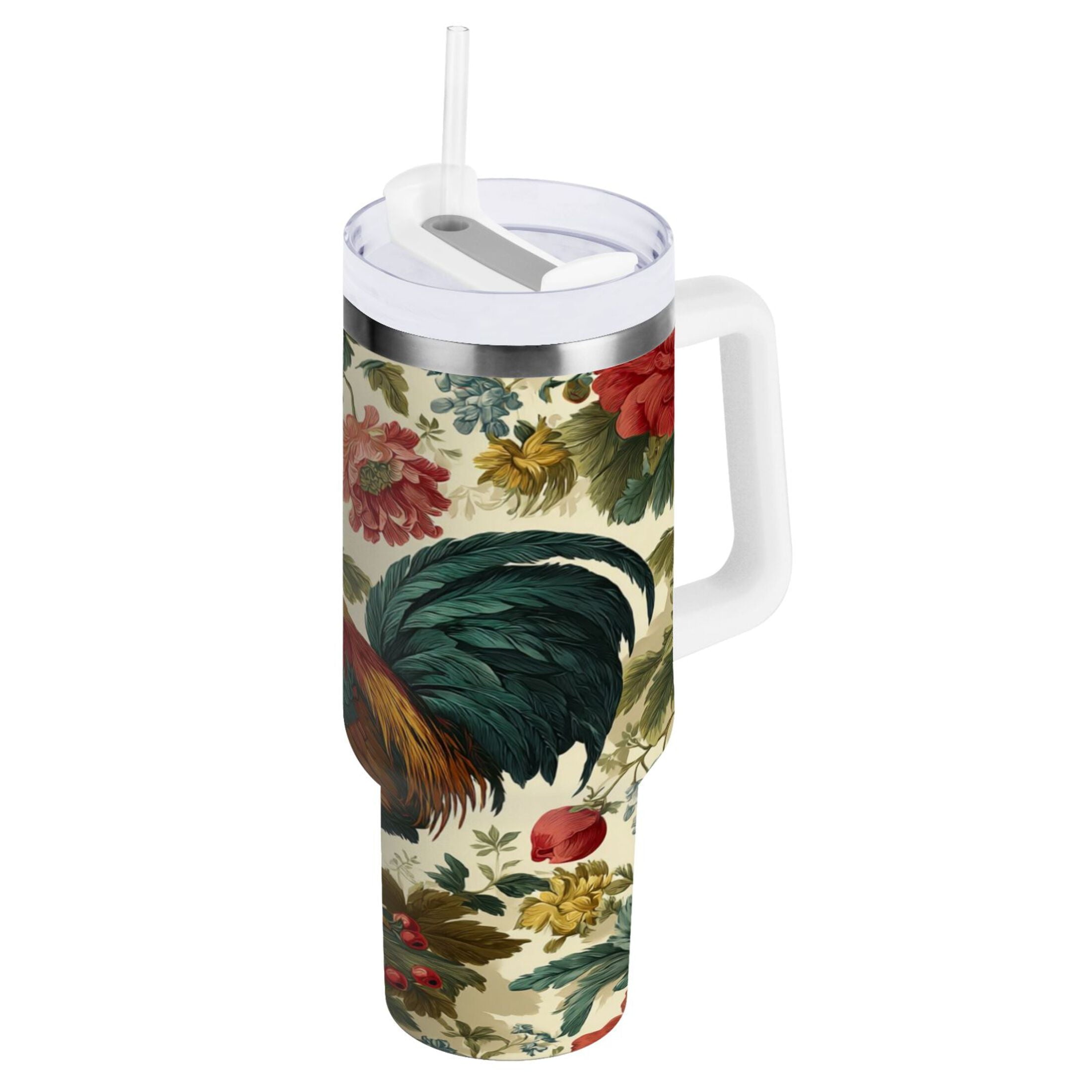40 oz Insulated Stainless Steel Tumbler Double Wall Stainless Steel Tumbler with 2-Way Drinking Rooster and Vintage Floral - LZSU