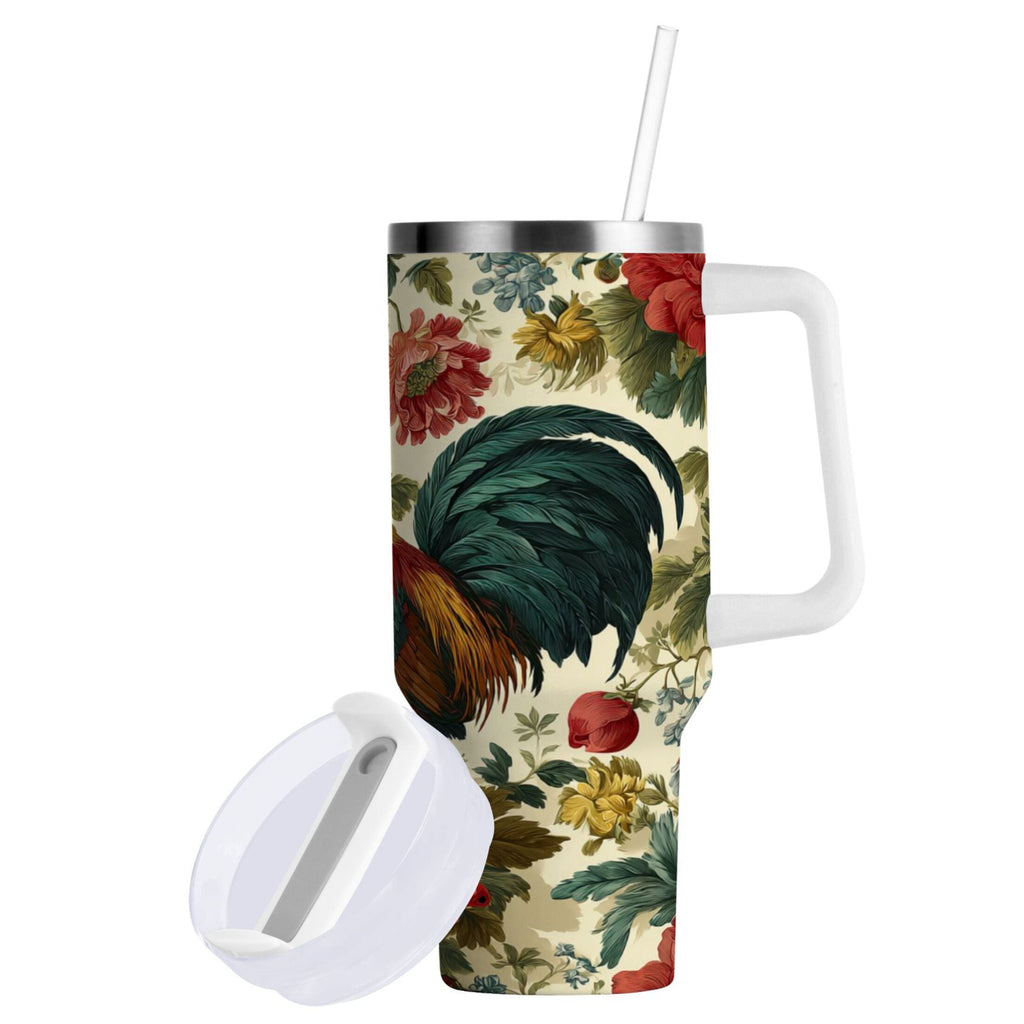 40 oz Insulated Stainless Steel Tumbler Double Wall Stainless Steel Tumbler with 2-Way Drinking Rooster and Vintage Floral - LZSU