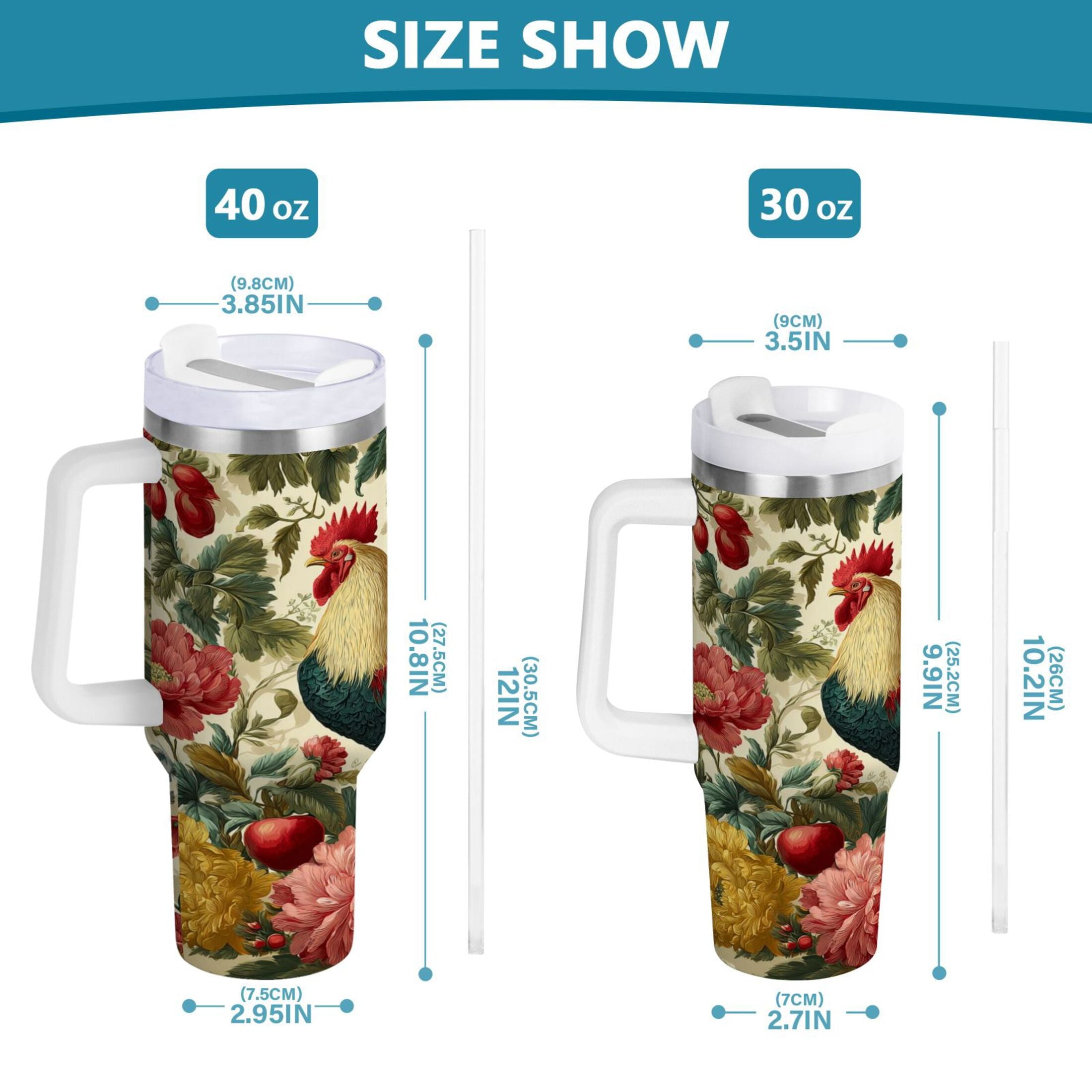 40 oz Insulated Stainless Steel Tumbler Double Wall Stainless Steel Tumbler with 2-Way Drinking Rooster and Vintage Floral - LZSU