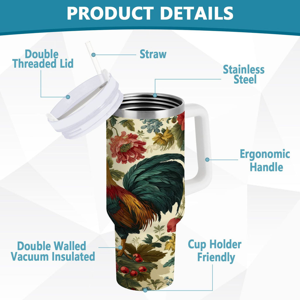 40 oz Insulated Stainless Steel Tumbler Double Wall Stainless Steel Tumbler with 2-Way Drinking Rooster and Vintage Floral - LZSU