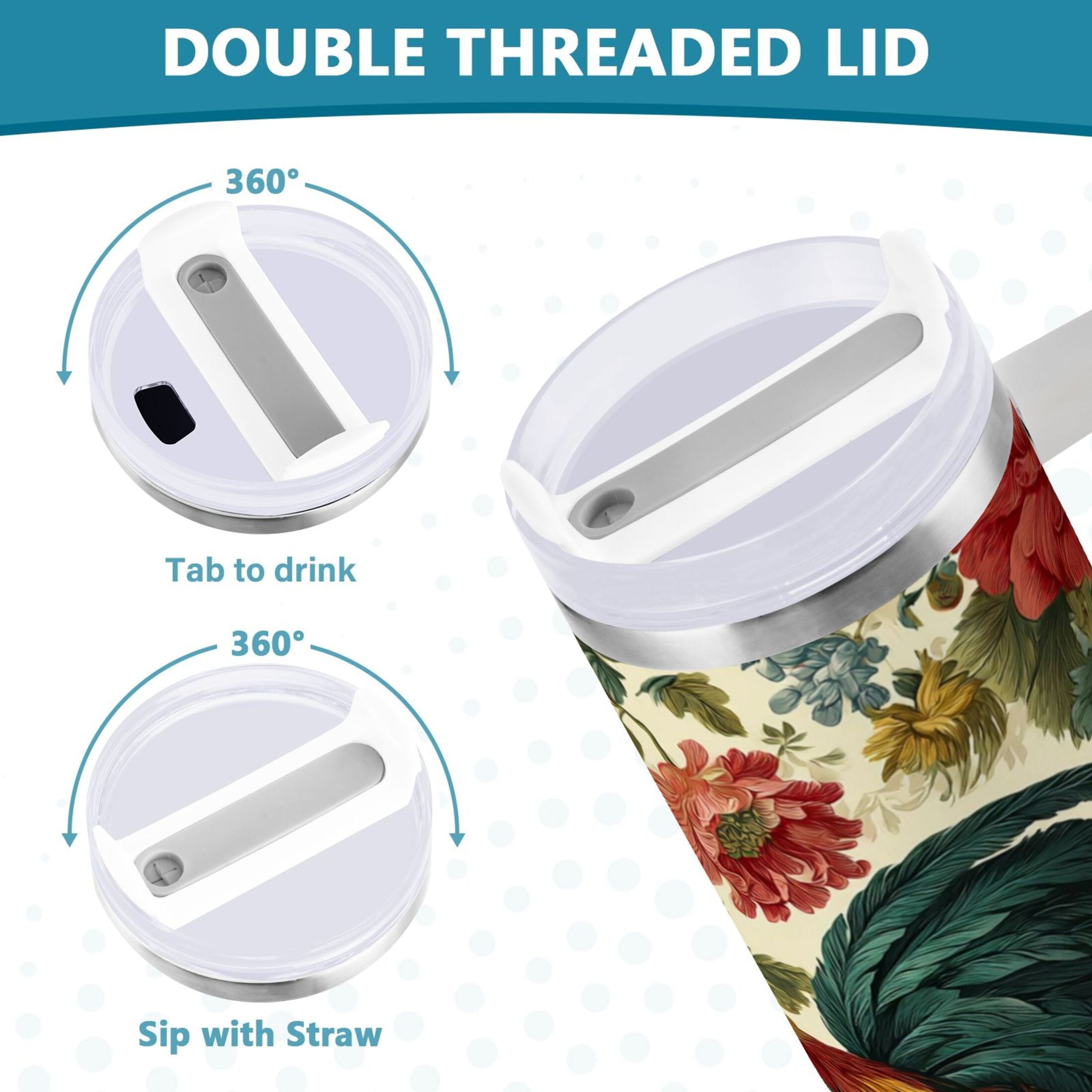 40 oz Insulated Stainless Steel Tumbler Double Wall Stainless Steel Tumbler with 2-Way Drinking Rooster and Vintage Floral - LZSU