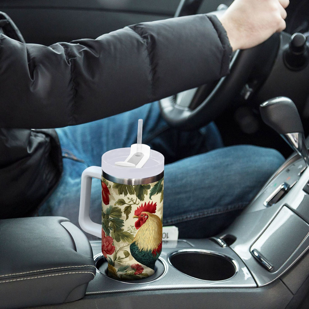 40 oz Insulated Stainless Steel Tumbler Double Wall Stainless Steel Tumbler with 2-Way Drinking Rooster and Vintage Floral - LZSU