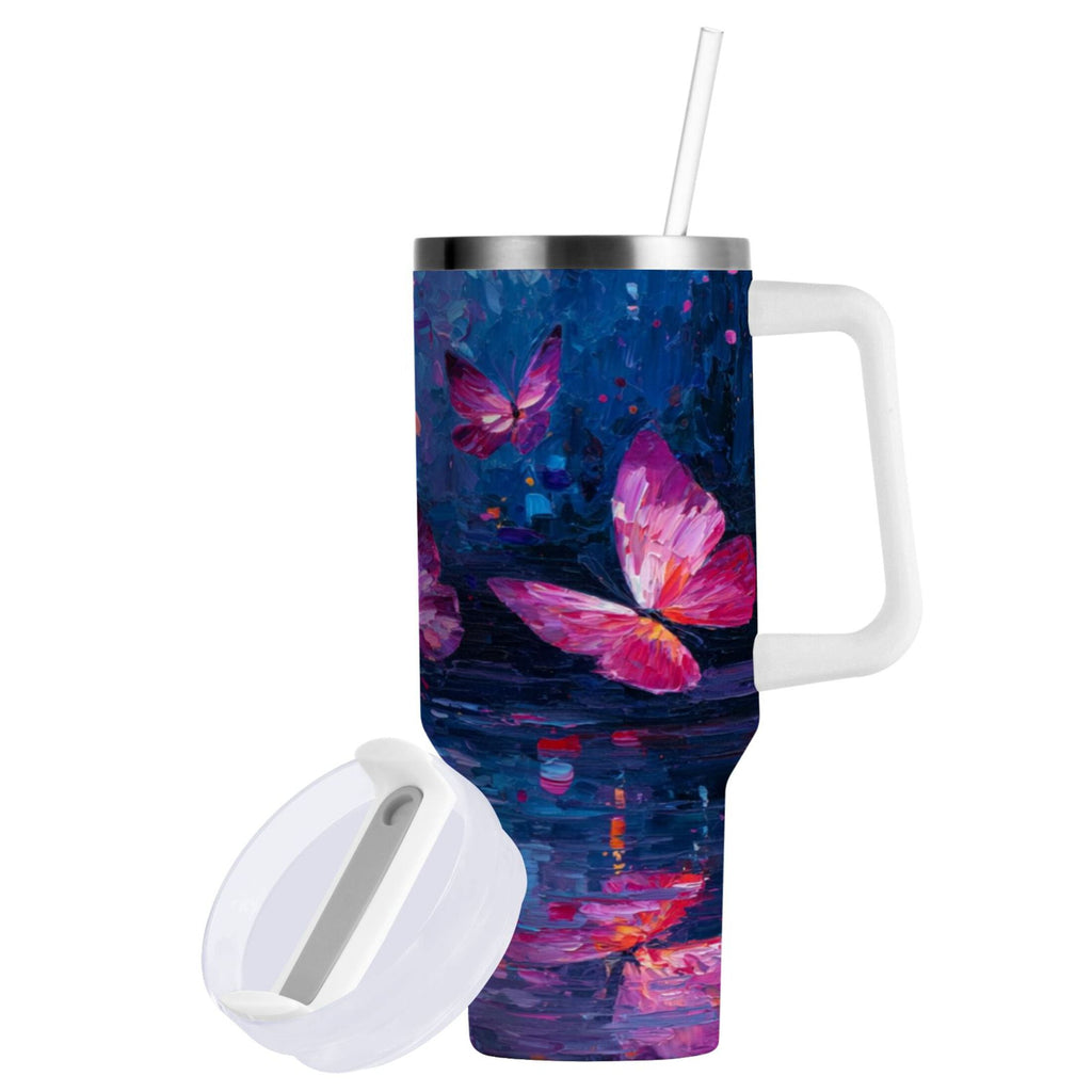40 oz Insulated Stainless Steel Tumbler Double Wall Stainless Steel Tumbler with 2-Way Drinking Night Scene and Butterflies - N5YA