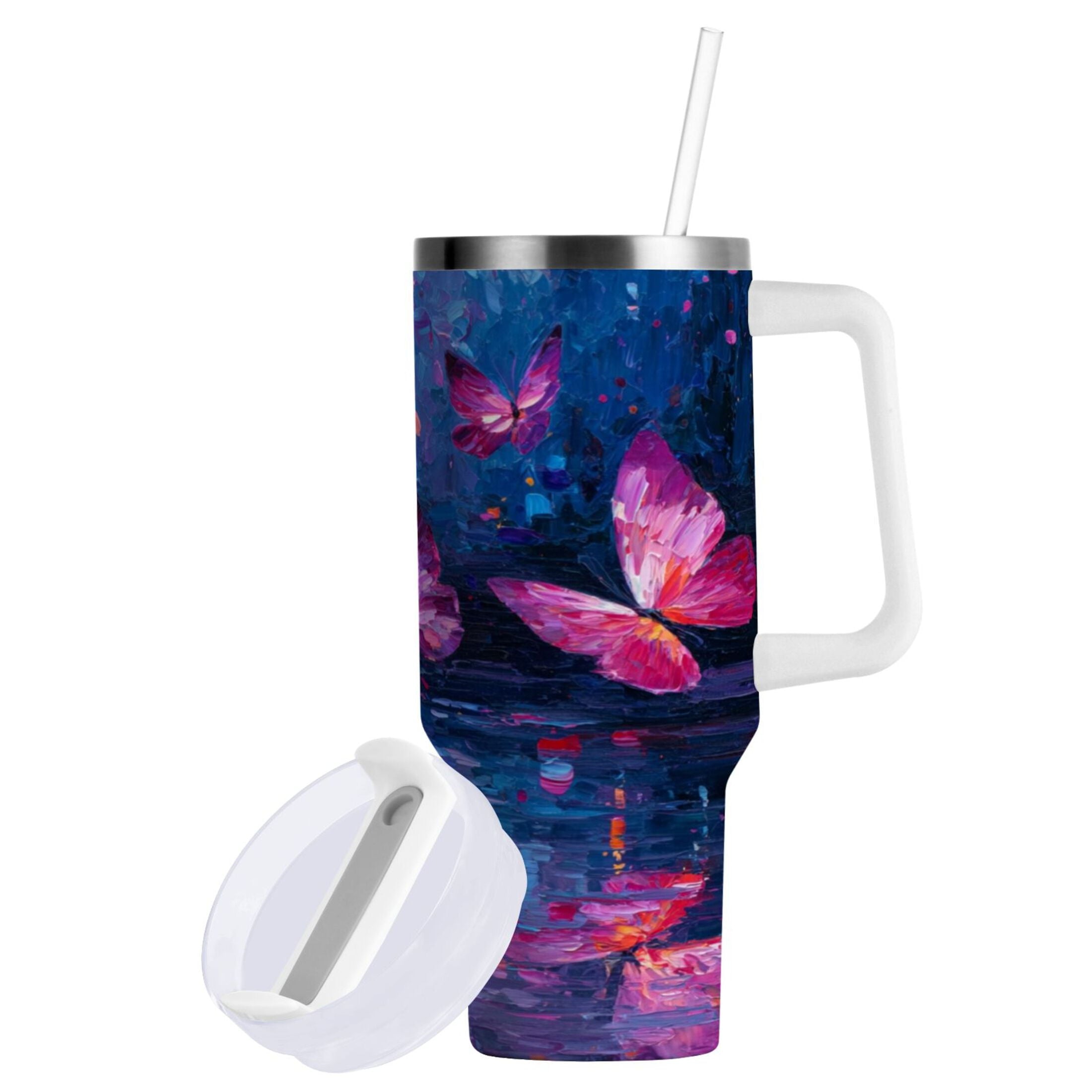 40 oz Insulated Stainless Steel Tumbler Double Wall Stainless Steel Tumbler with 2-Way Drinking Night Scene and Butterflies - N5YA