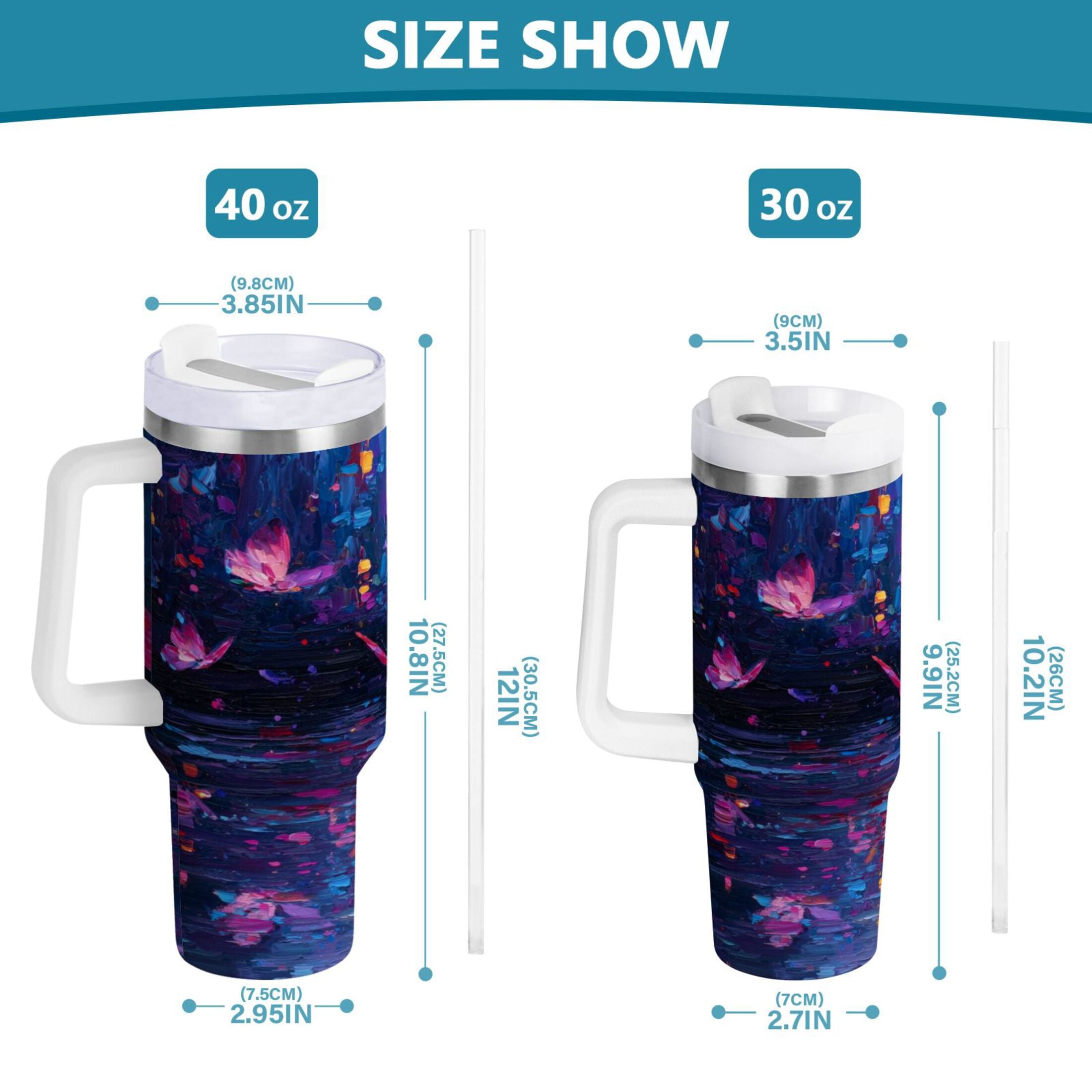 40 oz Insulated Stainless Steel Tumbler Double Wall Stainless Steel Tumbler with 2-Way Drinking Night Scene and Butterflies - N5YA