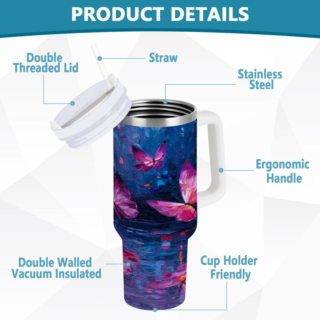40 oz Insulated Stainless Steel Tumbler Double Wall Stainless Steel Tumbler with 2-Way Drinking Night Scene and Butterflies - N5YA