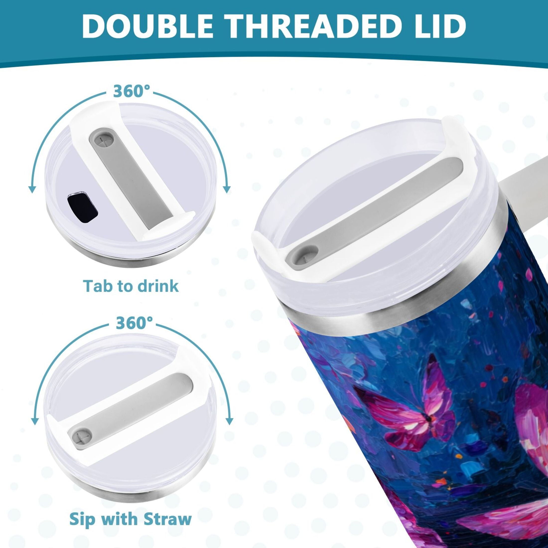 40 oz Insulated Stainless Steel Tumbler Double Wall Stainless Steel Tumbler with 2-Way Drinking Night Scene and Butterflies - N5YA