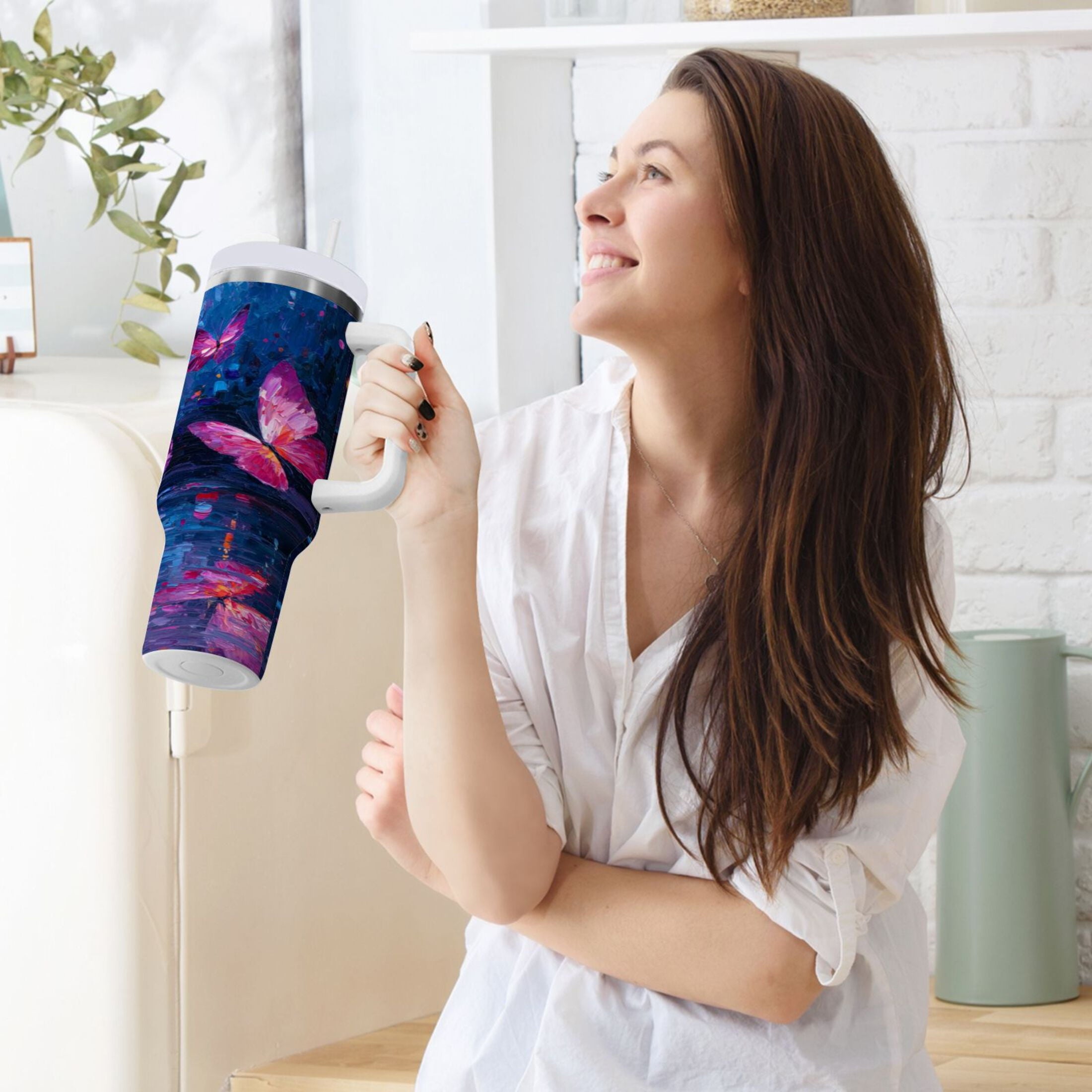 40 oz Insulated Stainless Steel Tumbler Double Wall Stainless Steel Tumbler with 2-Way Drinking Night Scene and Butterflies - N5YA