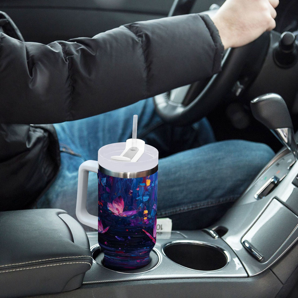 40 oz Insulated Stainless Steel Tumbler Double Wall Stainless Steel Tumbler with 2-Way Drinking Night Scene and Butterflies - N5YA
