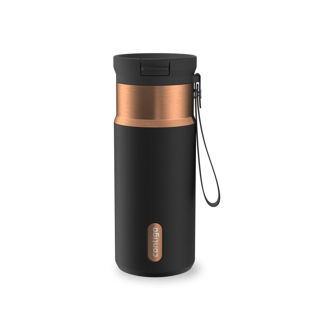 Contigo SnapSeal Leakproof Stainless Steel Reusable Water Bottle with Carrying Strap, Black/Bronze, 16 oz - GW7W
