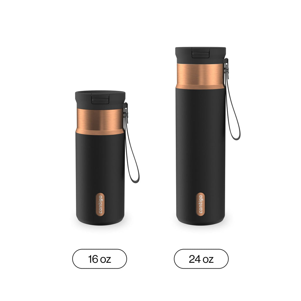 Contigo SnapSeal Leakproof Stainless Steel Reusable Water Bottle with Carrying Strap, Black/Bronze, 16 oz - GW7W