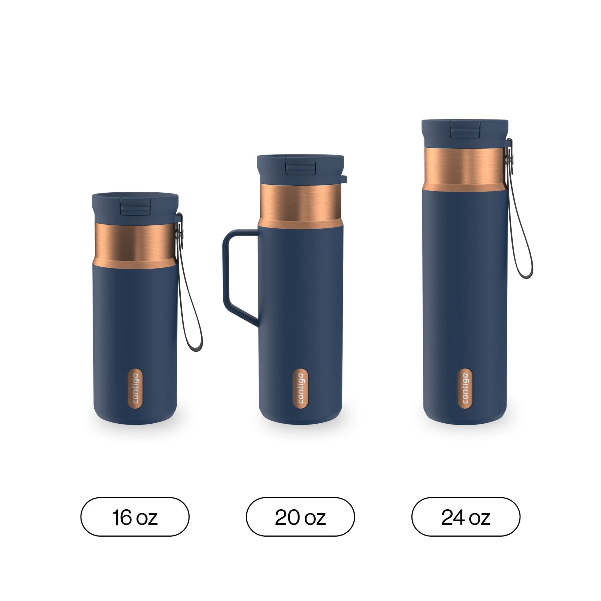 Contigo SnapSeal Leakproof Stainless Steel Reusable Water Bottle with Carrying Strap, Black/Bronze, 16 oz - GW7W