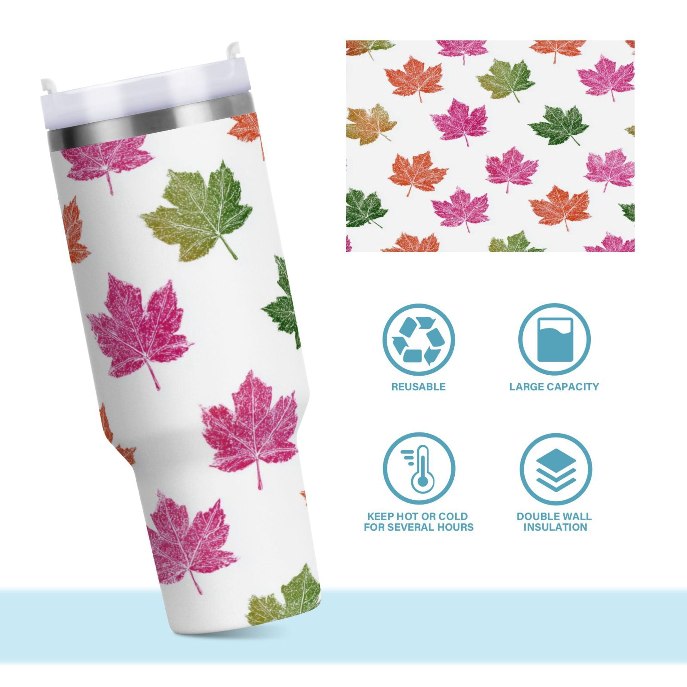 40 oz Insulated Stainless Steel Tumbler Double Wall Stainless Steel Tumbler with 2-Way Drinking Pink Maple Leaf - UGF9